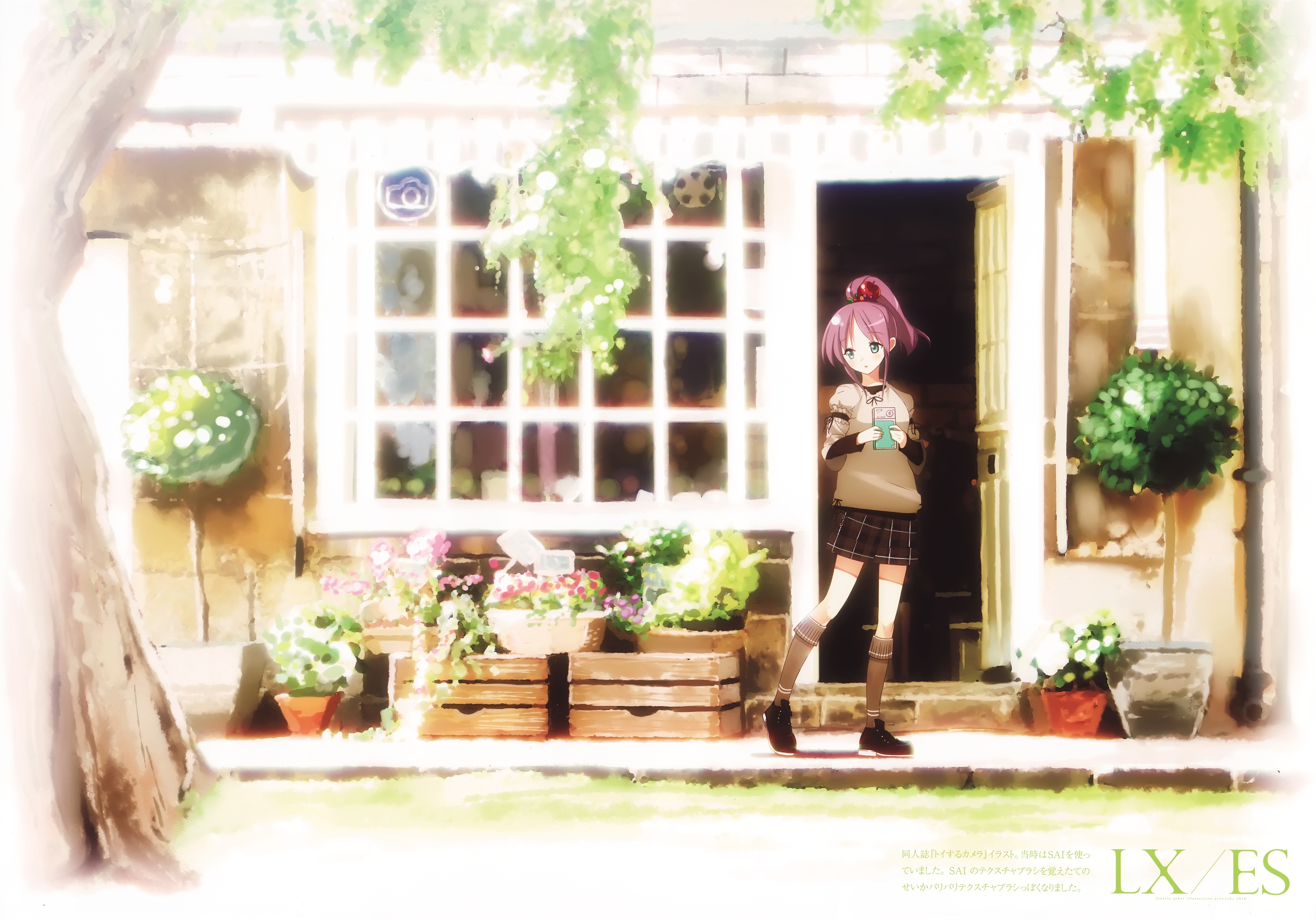 Download mobile wallpaper Anime, Flower, Green Eyes, Original, Pink Hair, Phone, Ponytail for free.