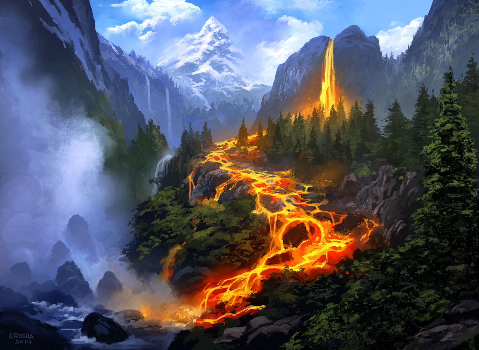 Descarga gratis la imagen Invierno, Fuego, Montaña, Bosque, Árbol, Pintura, Artístico en el escritorio de tu PC