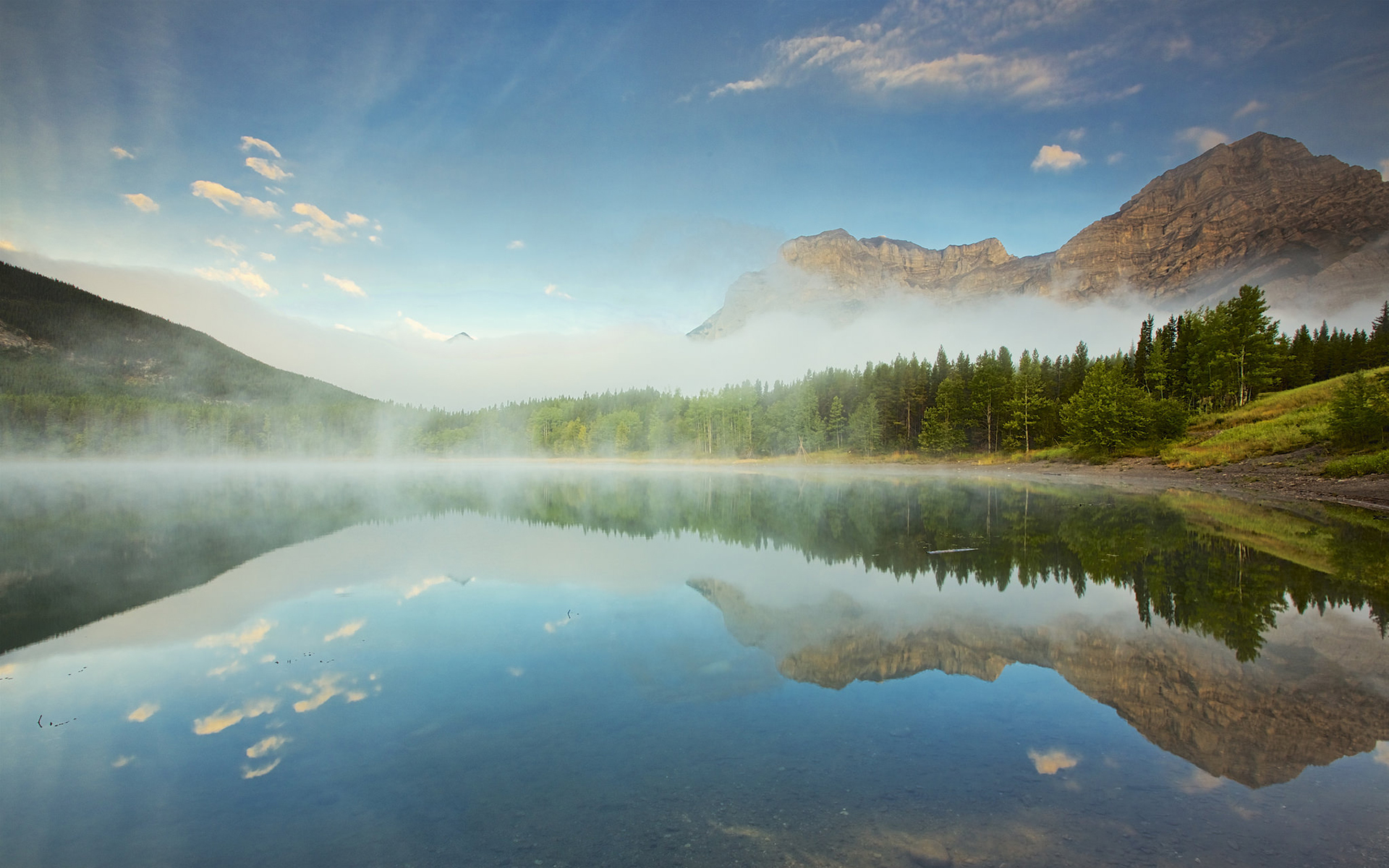 PCデスクトップに風景, 自然, 湖, 山, 森, 霧, 地球画像を無料でダウンロード