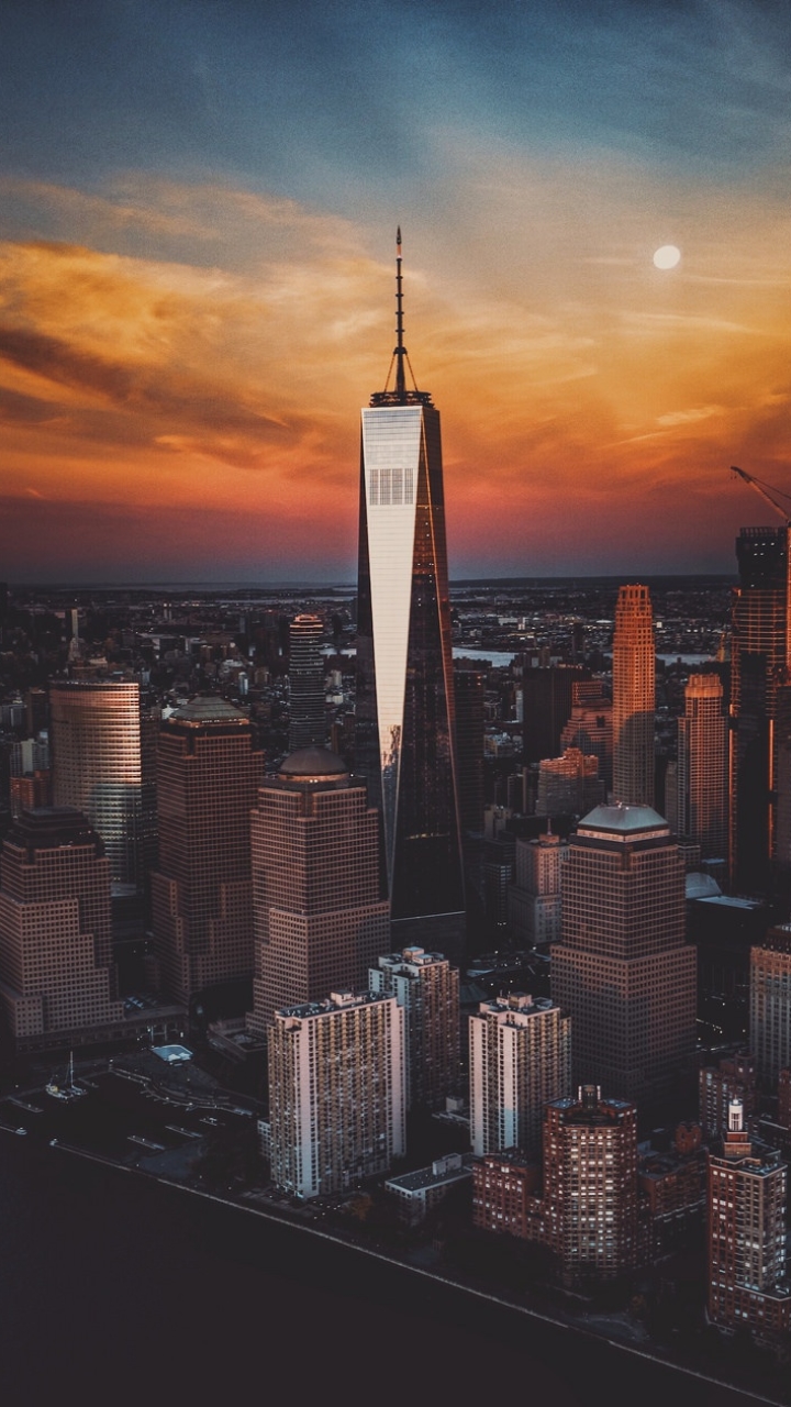 Download mobile wallpaper Cities, Sunset, Sky, Usa, City, Skyscraper, Building, Cityscape, New York, Aerial, Man Made for free.