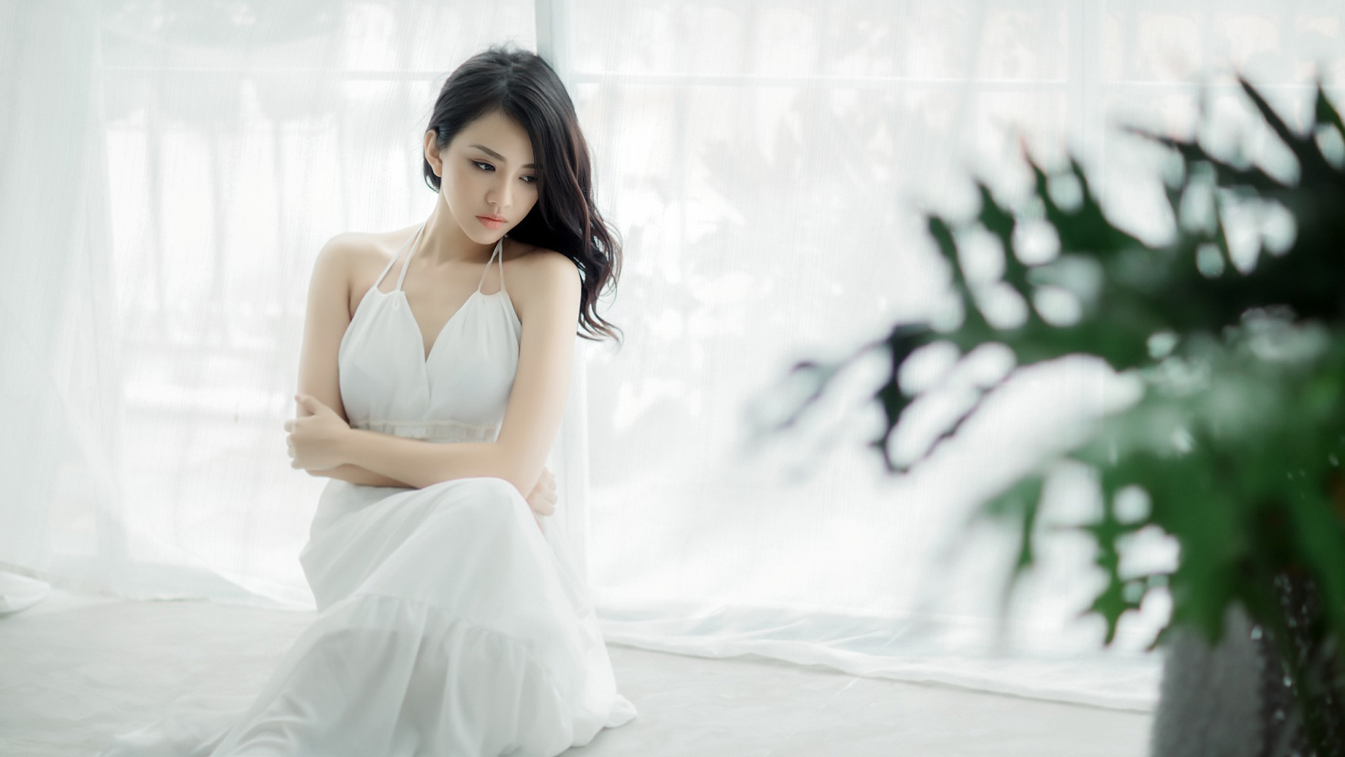 Free download wallpaper Abstract, Model, Asian, Black Hair, White Dress on your PC desktop
