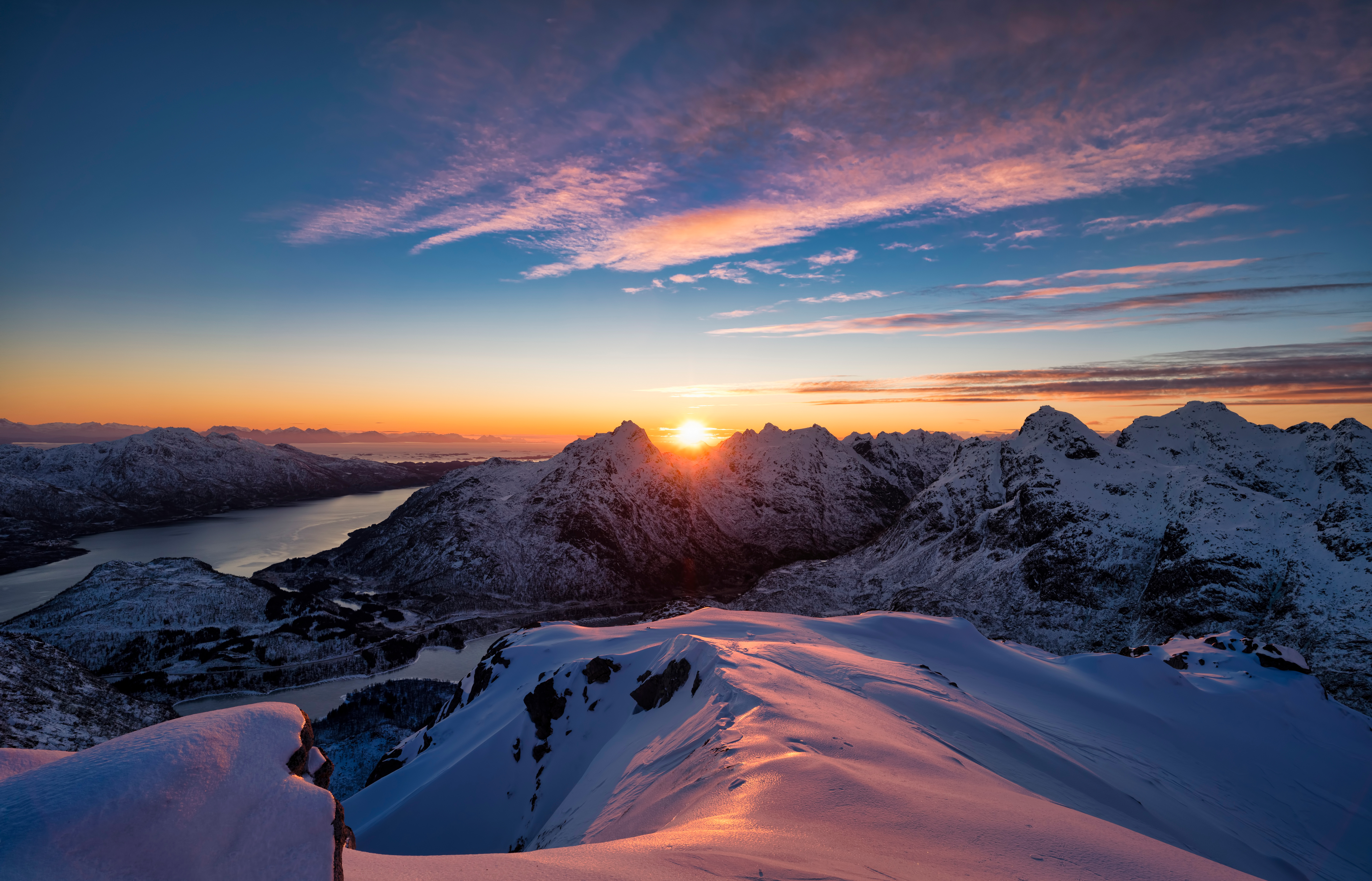 Download mobile wallpaper Landscape, Nature, Snow, Mountain, Sunrise, Earth, Norway for free.