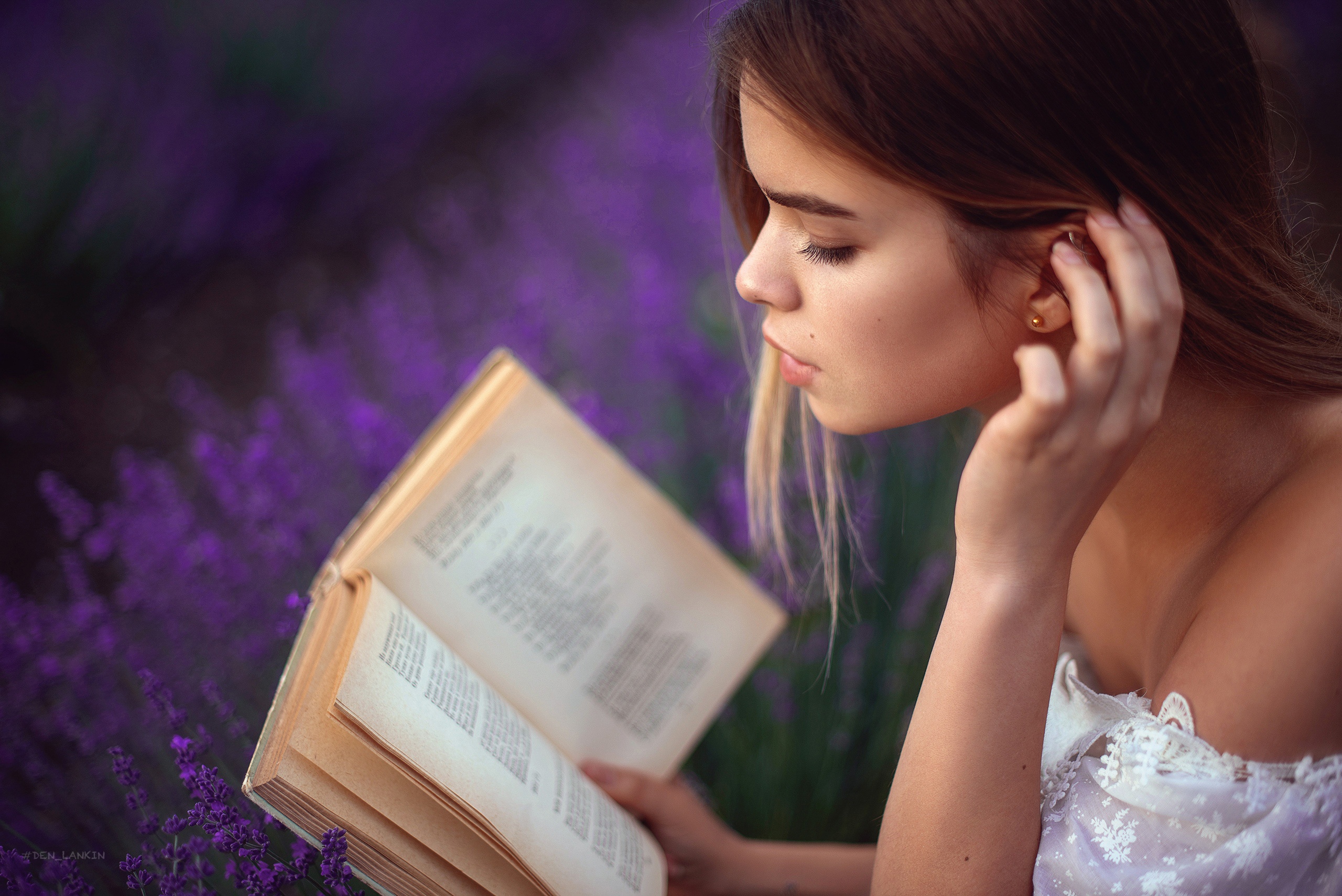 Download mobile wallpaper Hand, Book, Mood, Profile, Face, Lavender, Women for free.
