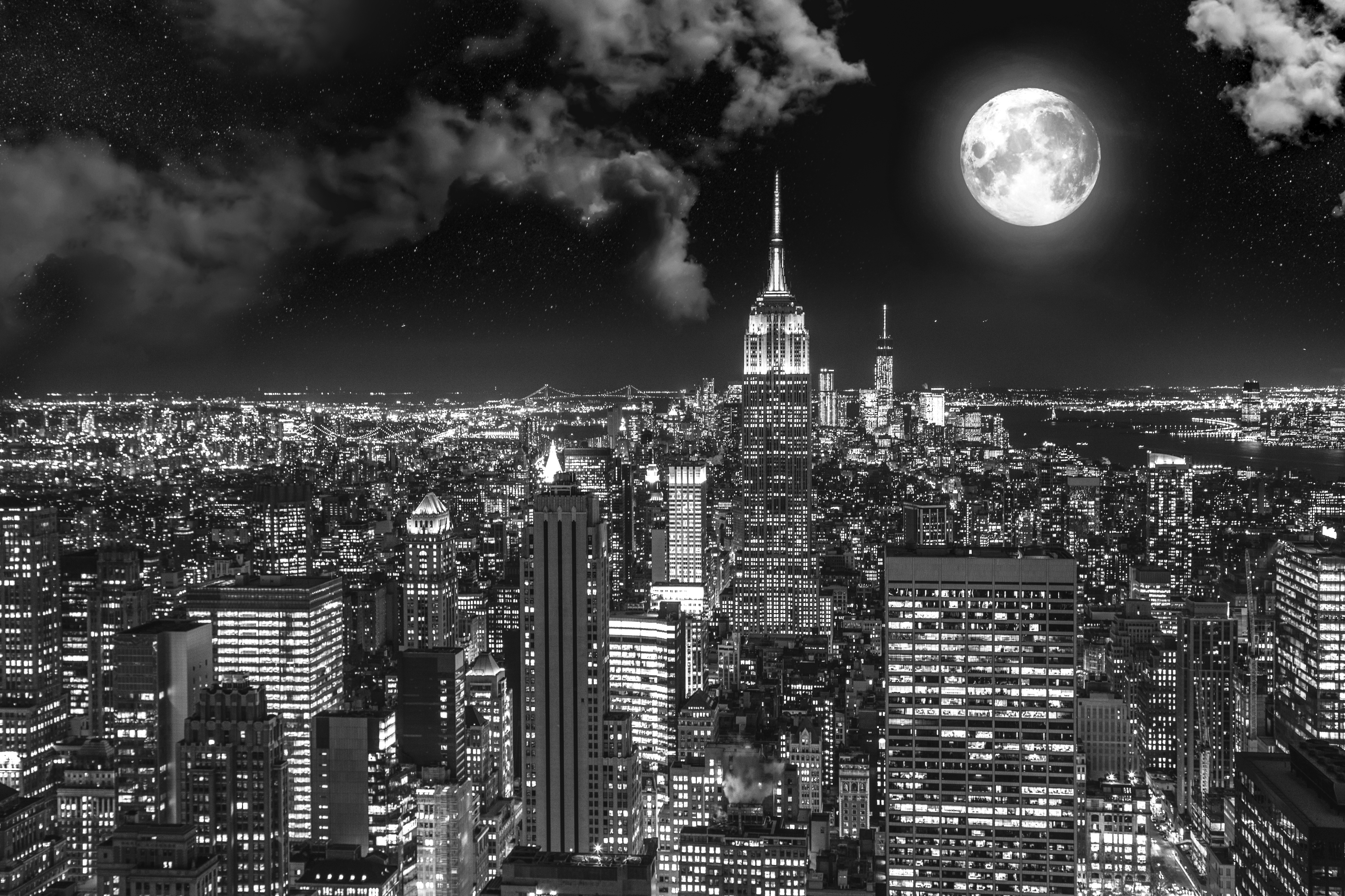 117287 скачать картинку ночной город, чб, полнолуние, города, сша, нью йорк - обои и заставки бесплатно