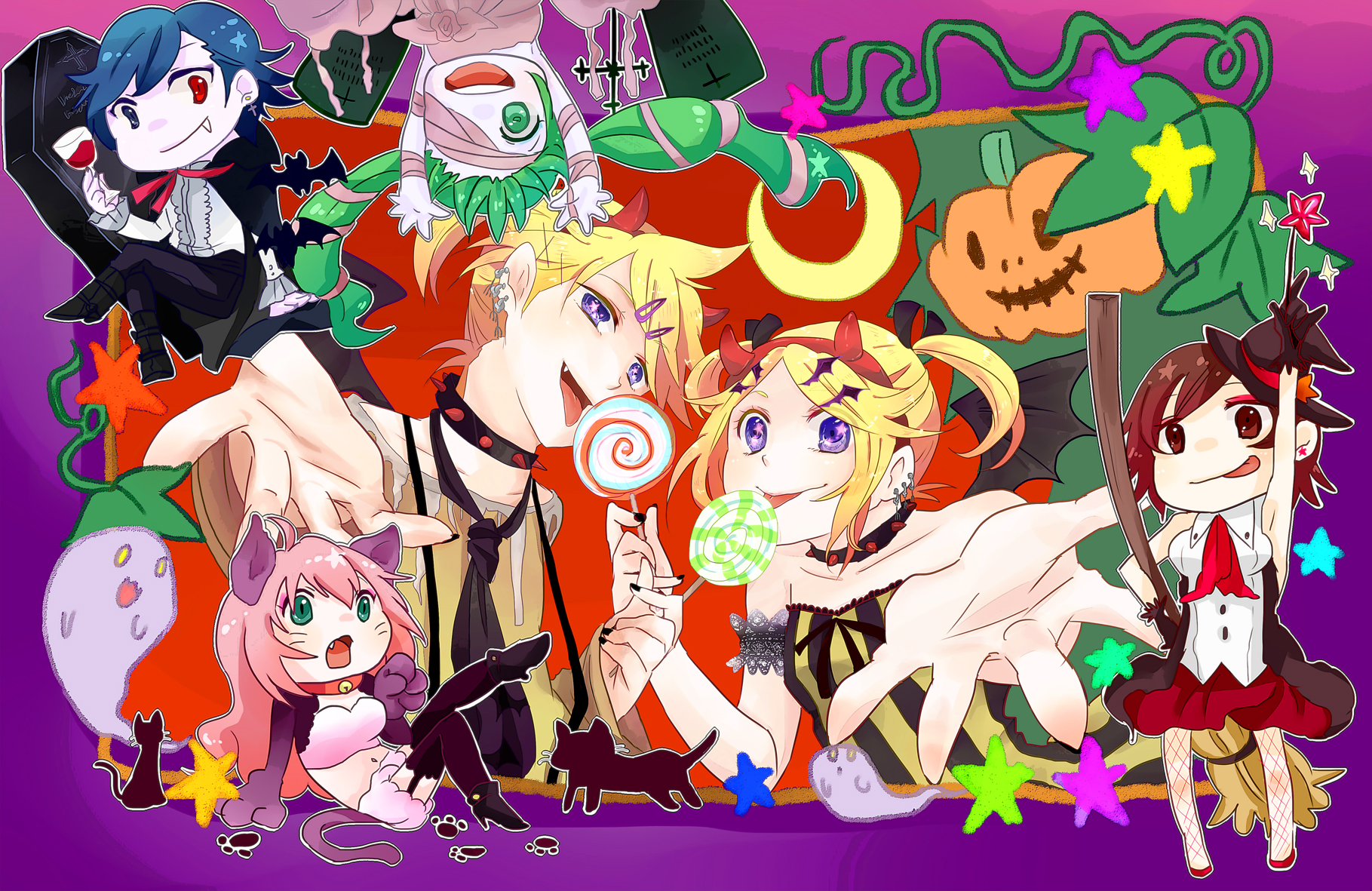 Free download wallpaper Anime, Halloween, Vocaloid, Hatsune Miku, Luka Megurine, Rin Kagamine, Kaito (Vocaloid), Len Kagamine, Meiko (Vocaloid) on your PC desktop