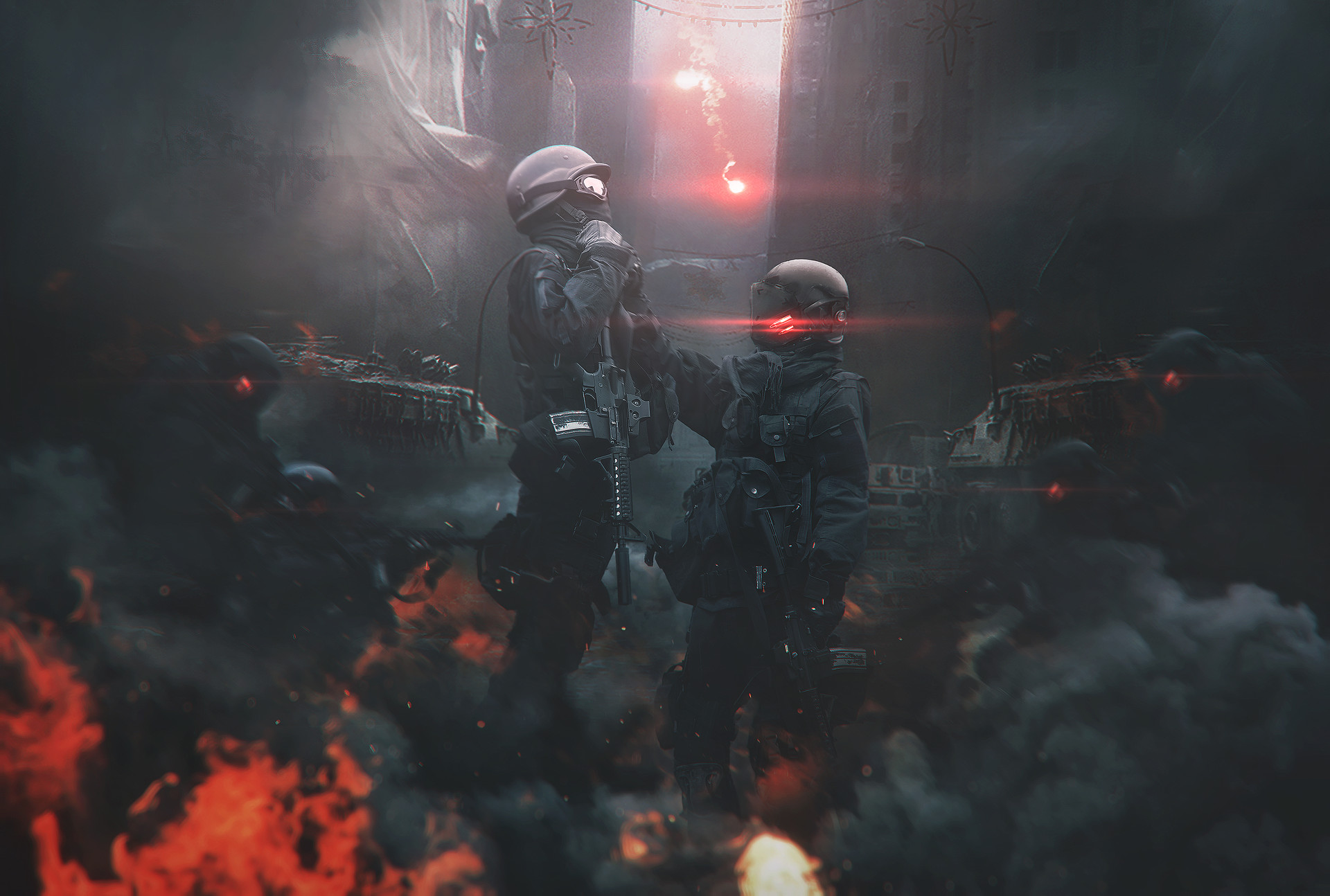 Download mobile wallpaper Fire, Smoke, Sci Fi, Military, Soldier for free.