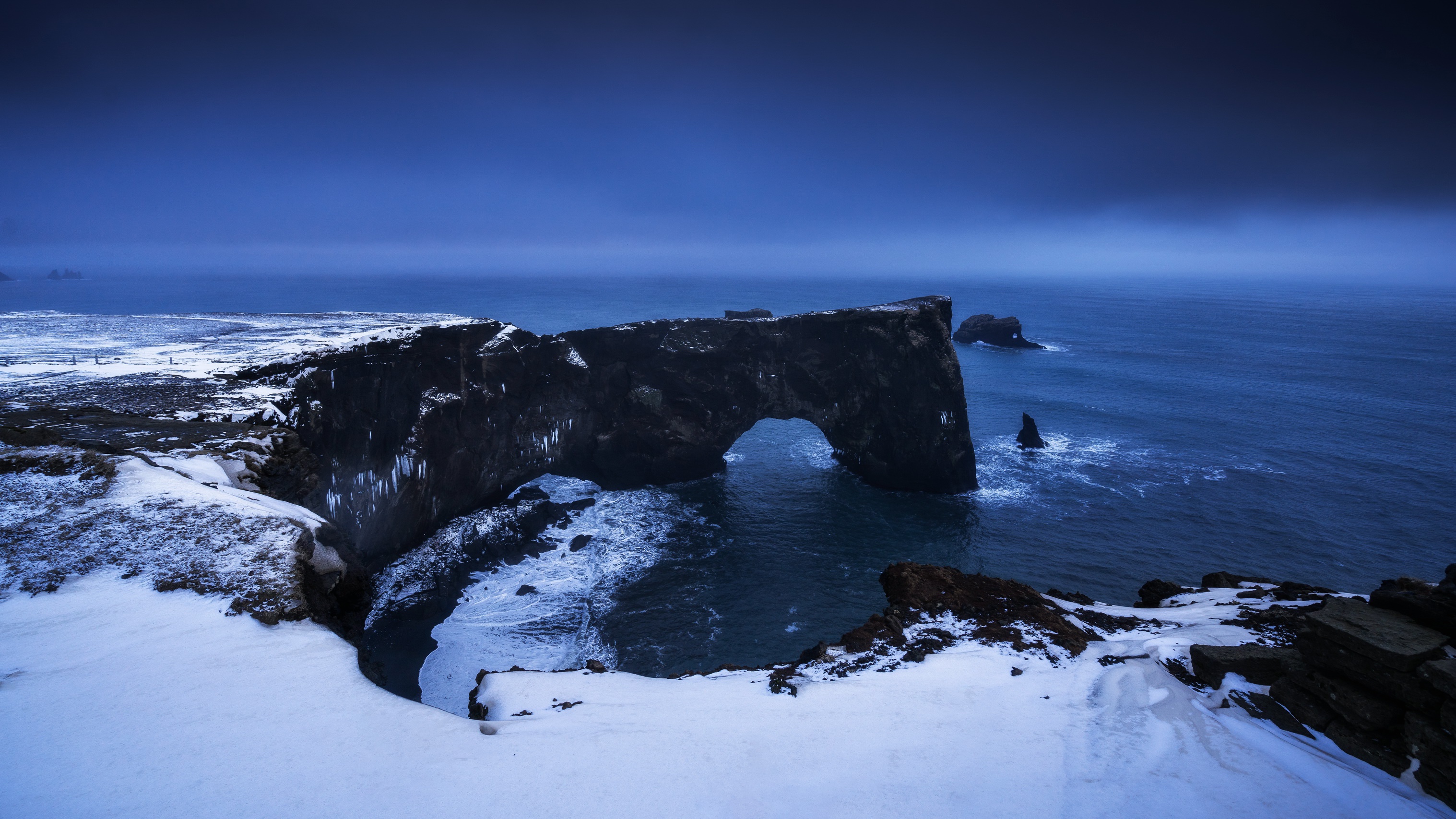 Download mobile wallpaper Nature, Snow, Horizon, Ocean, Earth, Cliff, Arch for free.