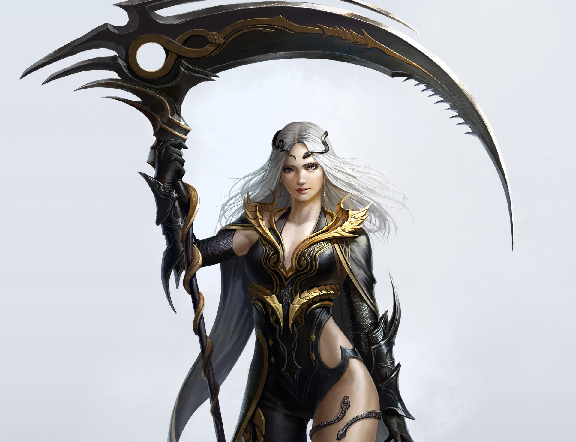 Free download wallpaper Fantasy, Scythe, Women Warrior, White Hair, Woman Warrior on your PC desktop