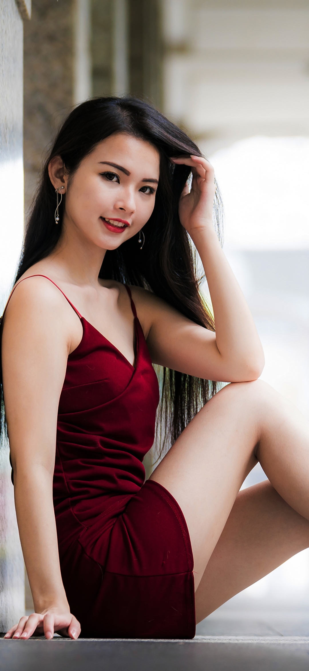 Download mobile wallpaper Model, Women, Asian, Red Dress for free.