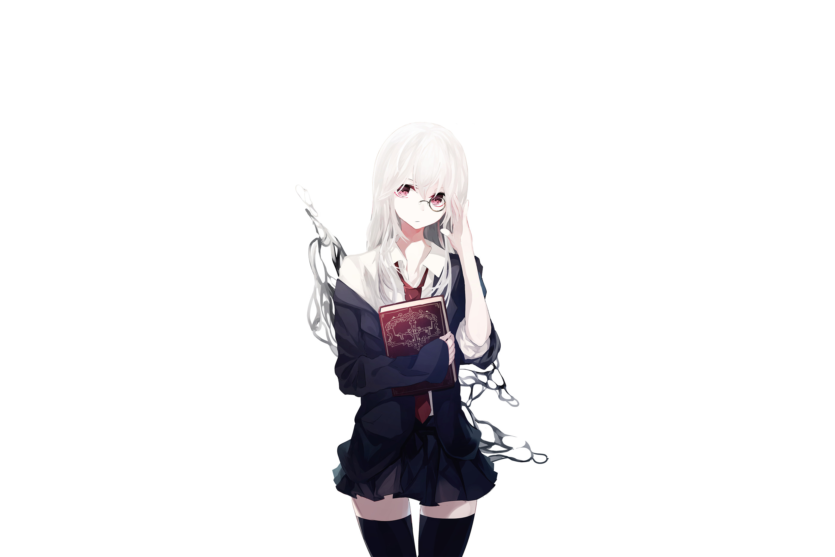 Download mobile wallpaper Anime, Glass, Book, Original, School Uniform, Thigh Highs, White Hair, Pink Eyes for free.