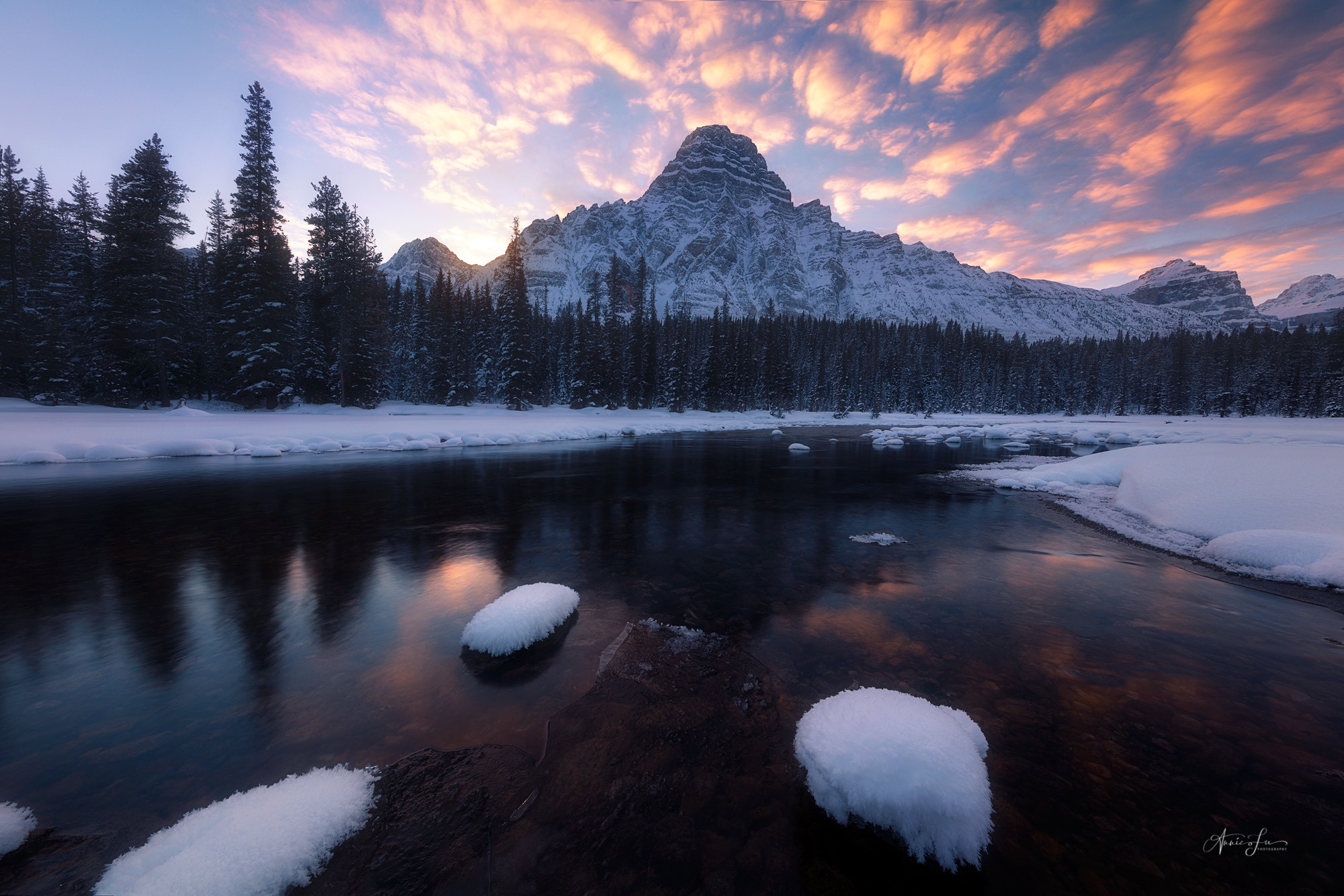 Download mobile wallpaper Winter, Nature, Sunset, Snow, Mountain, Earth, River for free.