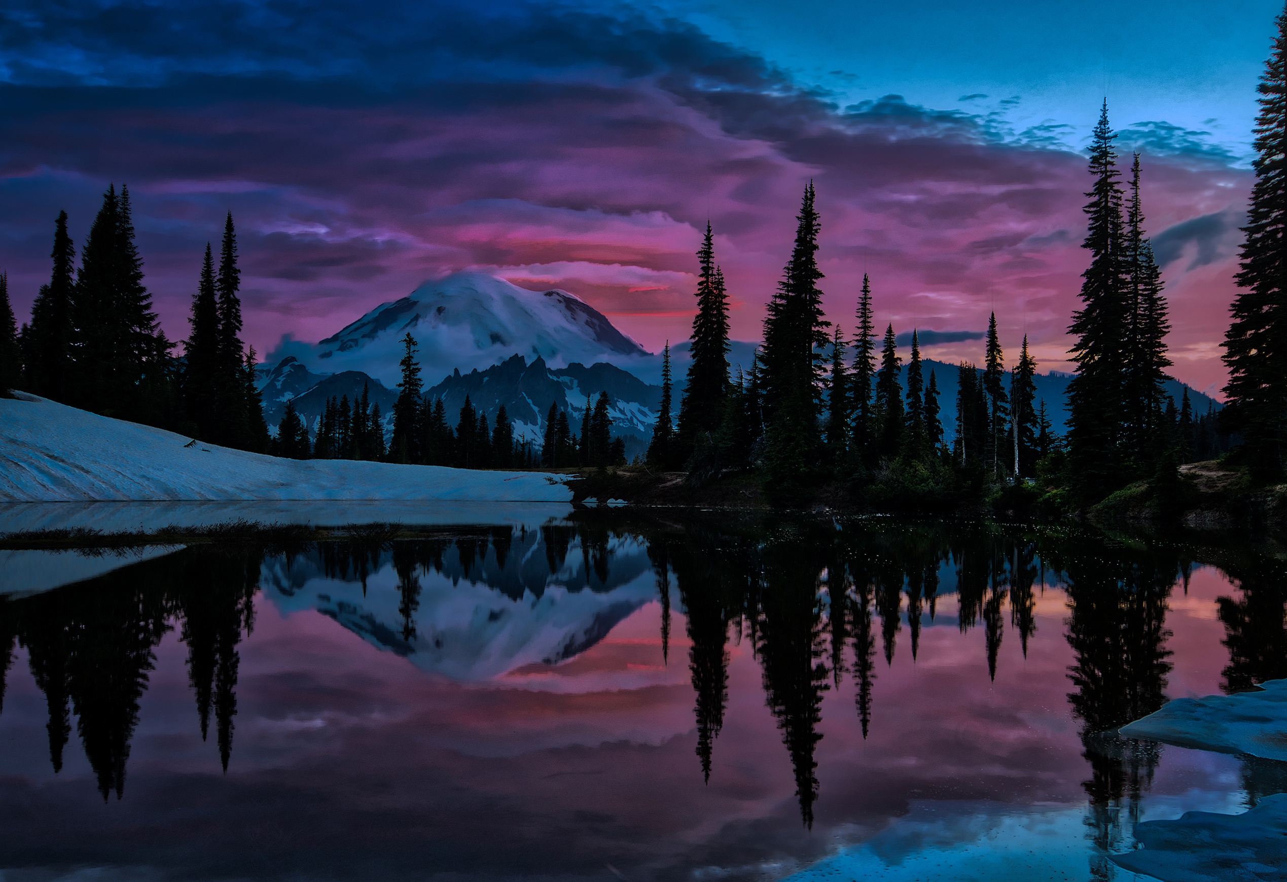 Download mobile wallpaper Landscape, Sunset, Mountains, Mountain, Lake, Tree, Earth, Mount Rainier for free.