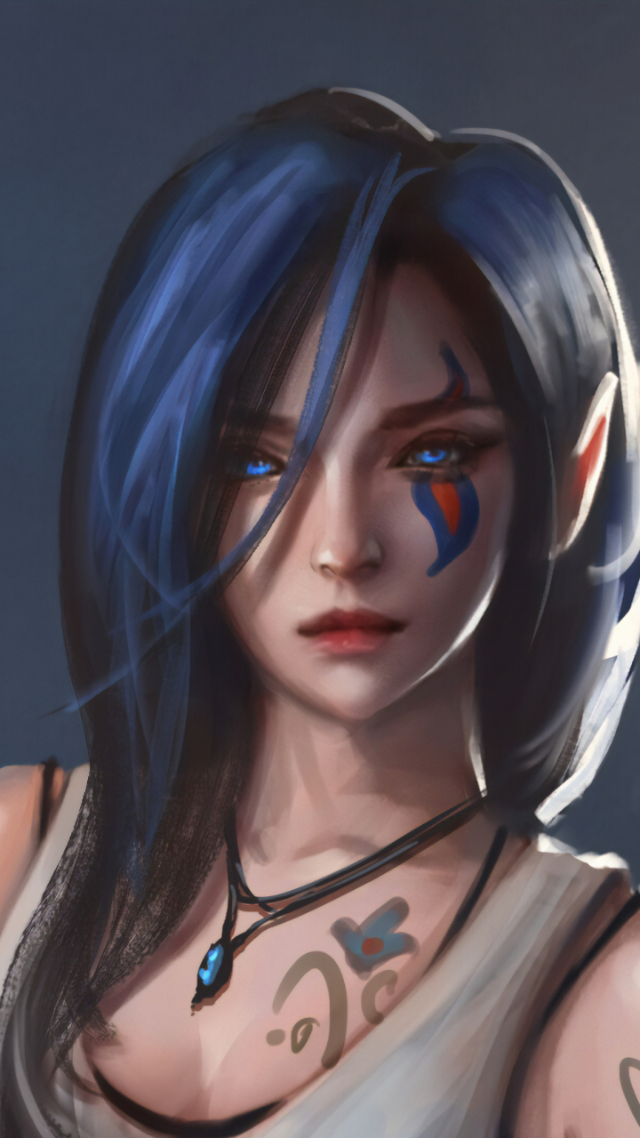 Download mobile wallpaper Fantasy, Tattoo, Elf, Blue Eyes, Blue Hair for free.