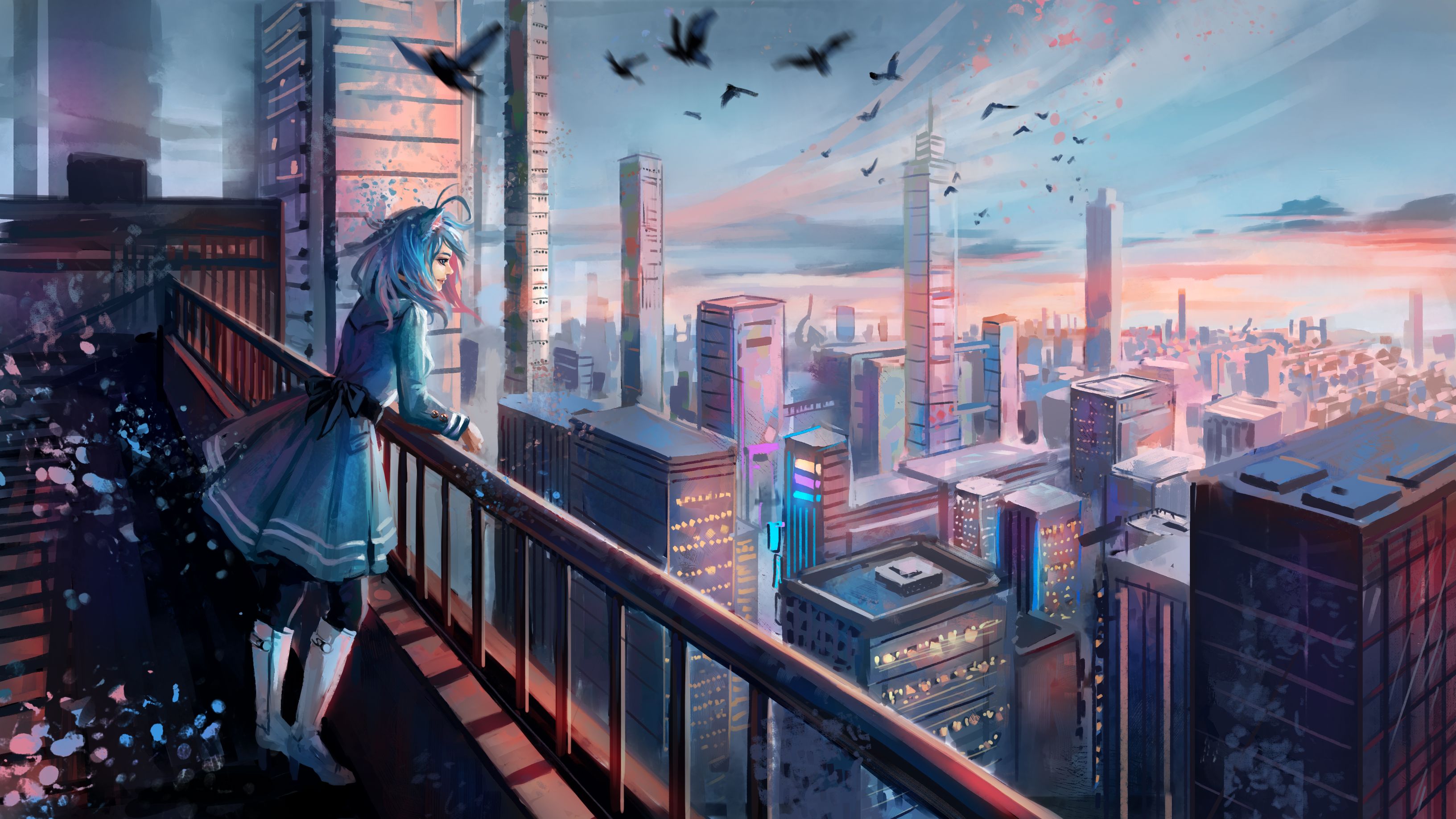 Free download wallpaper Fantasy, City, Boots, Dress, Women, Blue Hair on your PC desktop