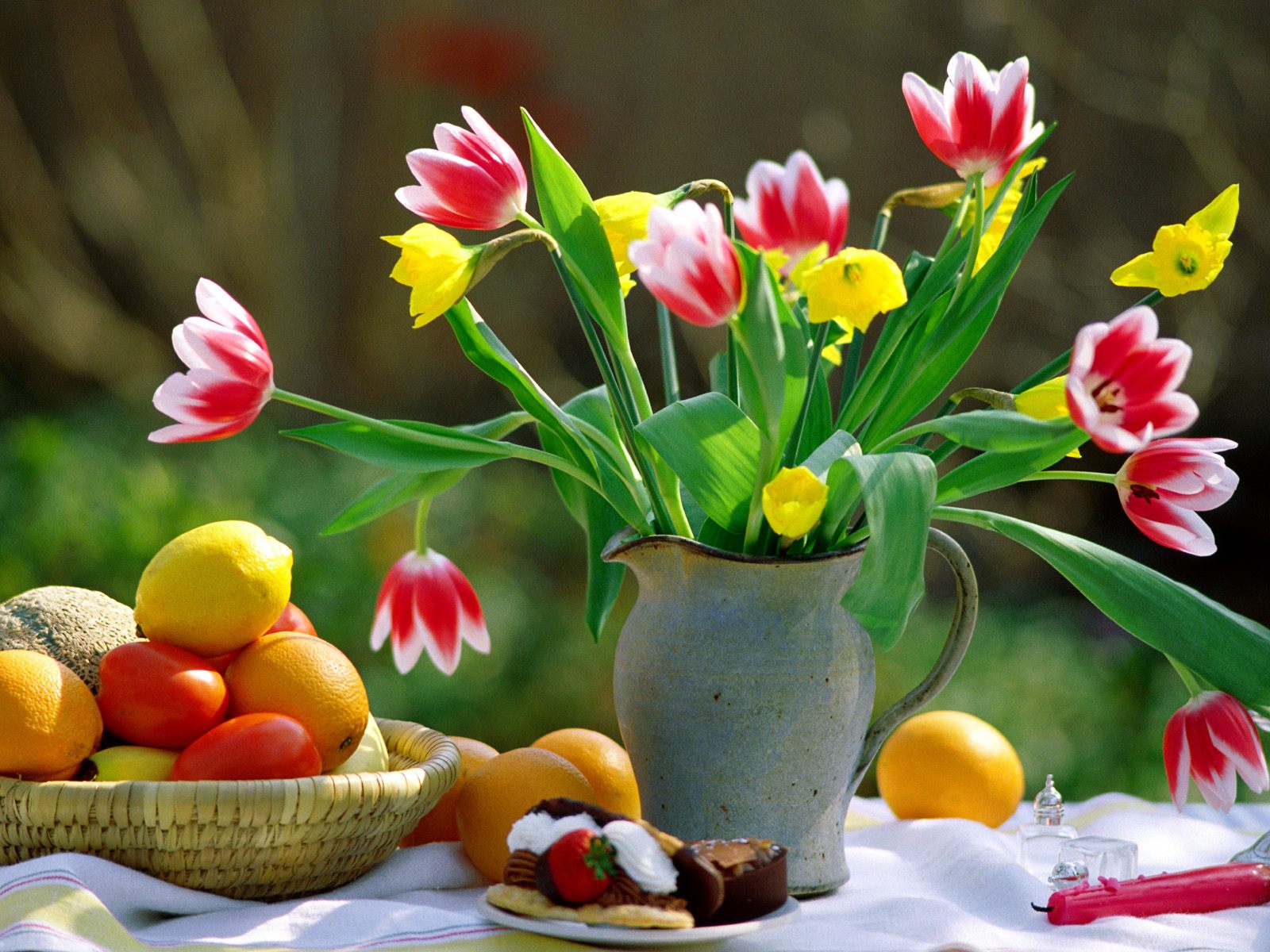 Download mobile wallpaper Still Life, Fruit, Spring, Tulip, Photography, Yellow Flower, Red Flower, Pitcher for free.