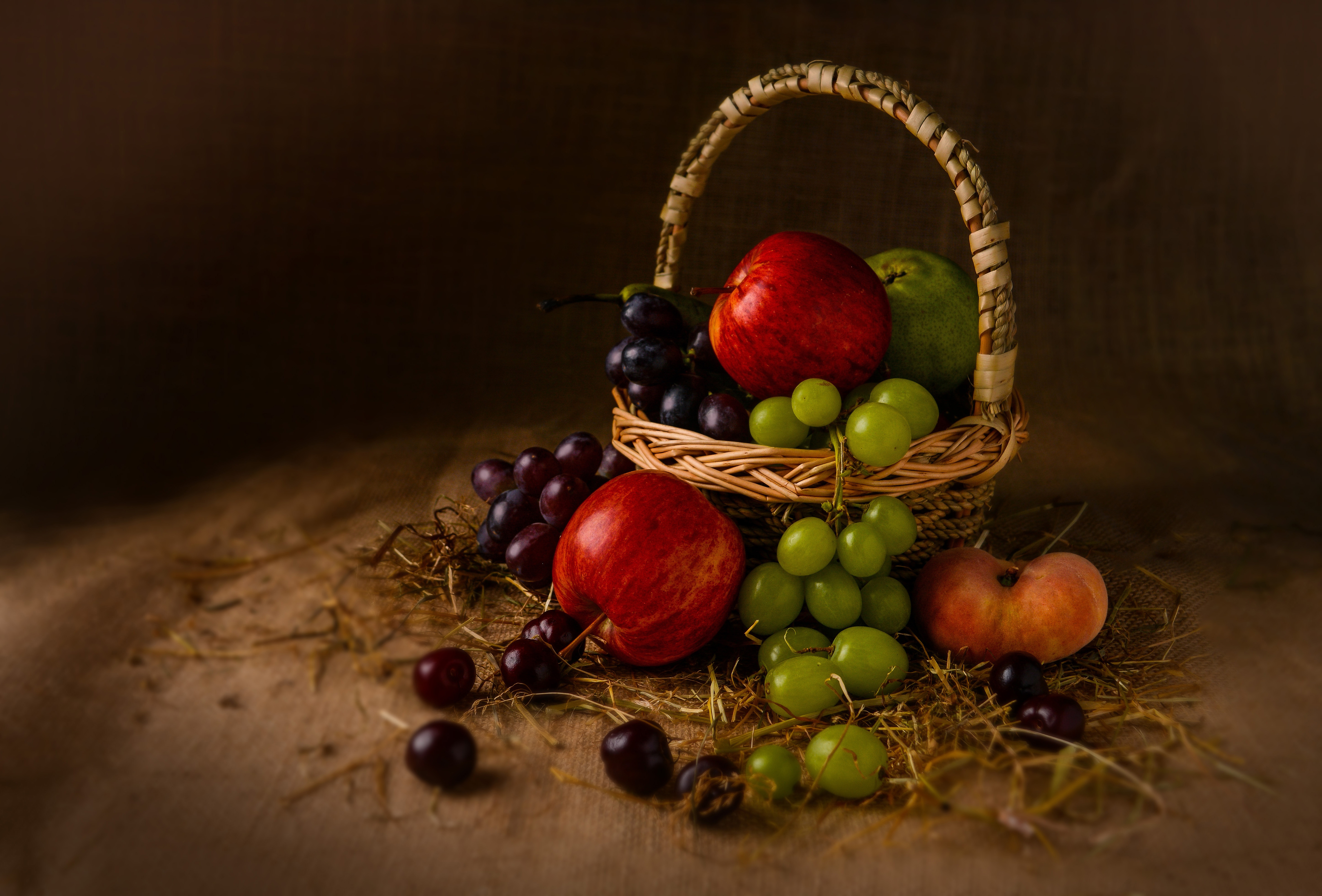Free download wallpaper Food, Apple, Grapes, Still Life, Fruit, Basket on your PC desktop