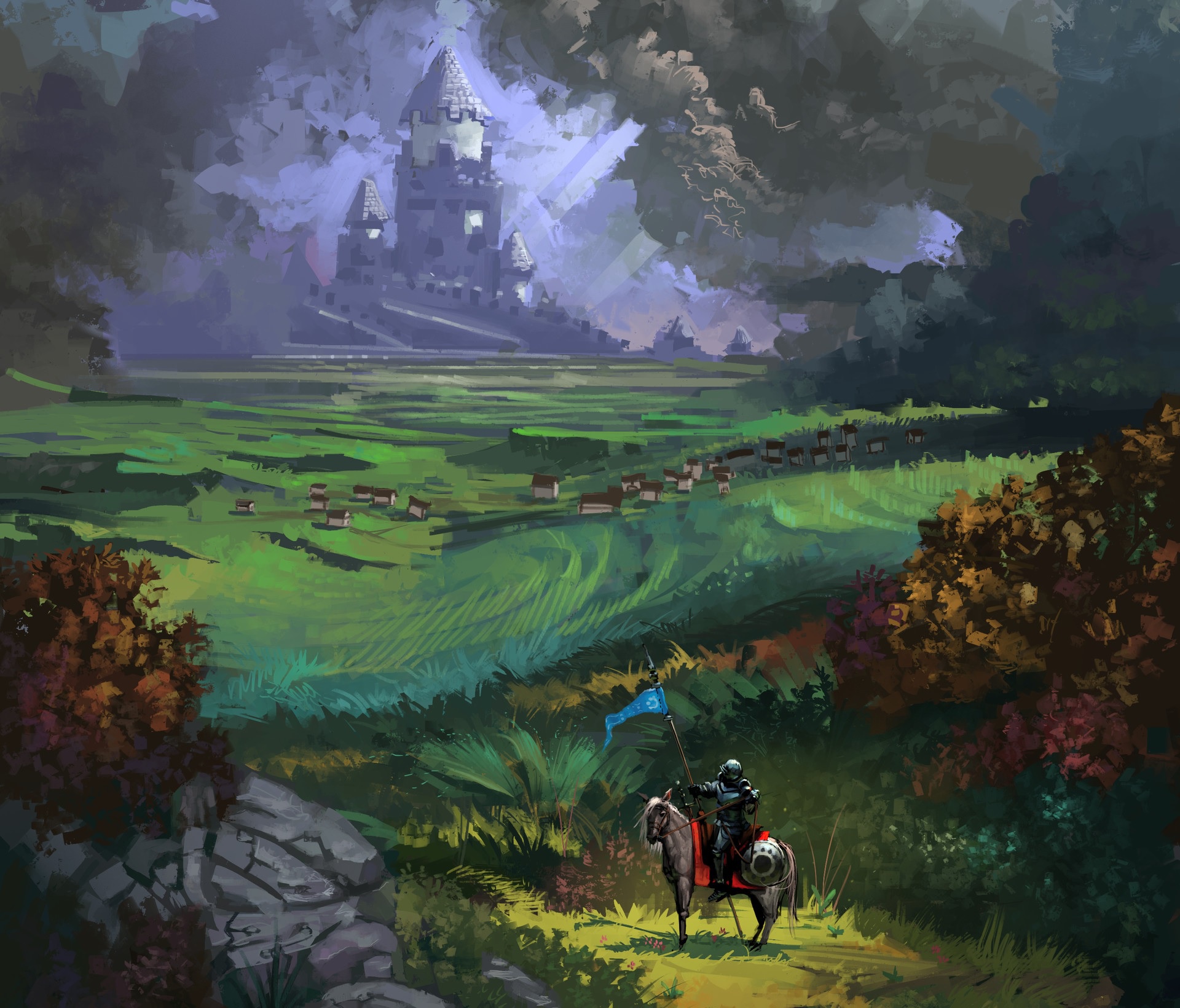 Laden Sie das Landschaft, Fantasie, Krieger, Ritter, Hauspferd, Schloss-Bild kostenlos auf Ihren PC-Desktop herunter