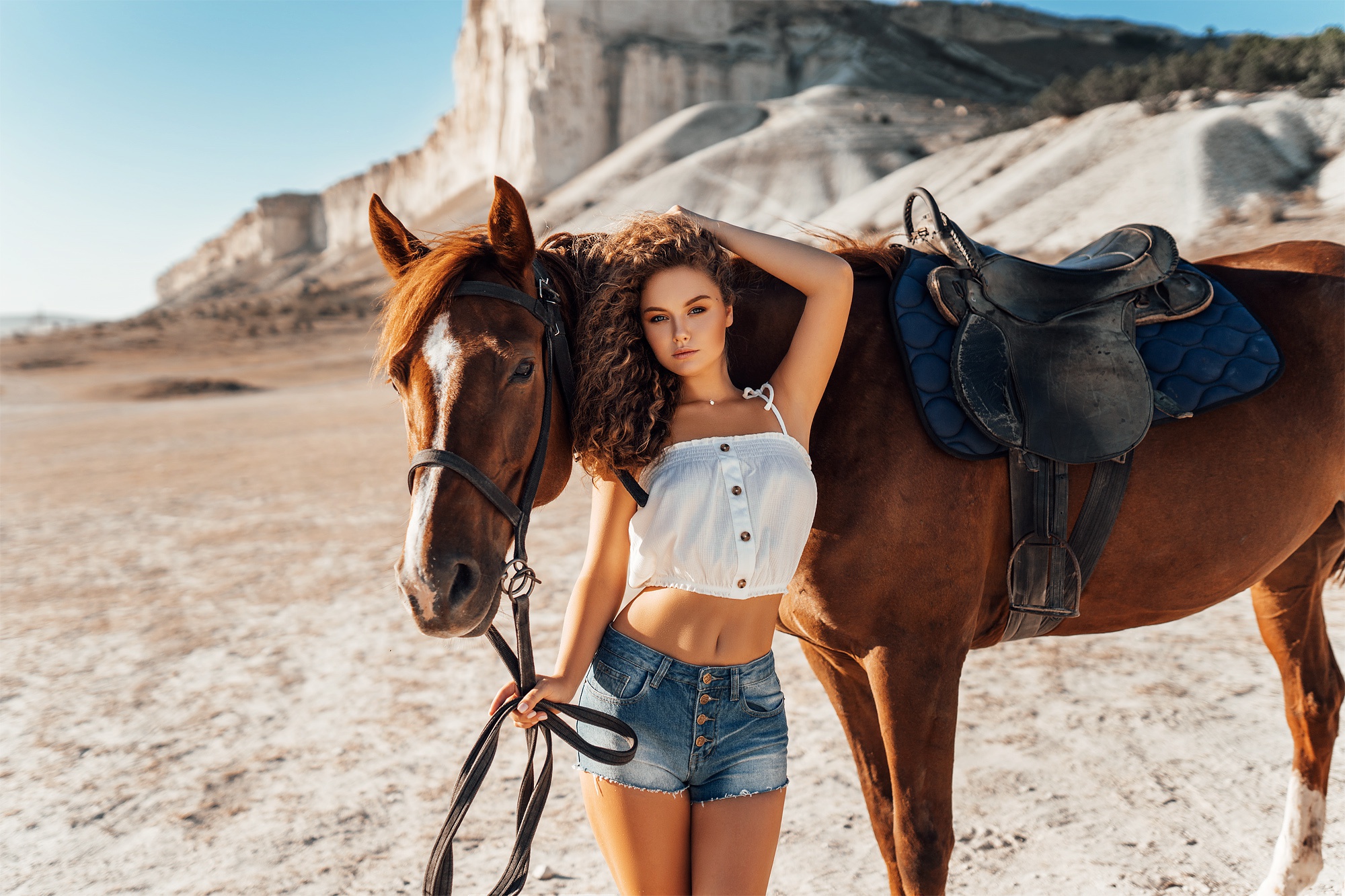 Download mobile wallpaper Mood, Horse, Women, Curl, Shorts for free.