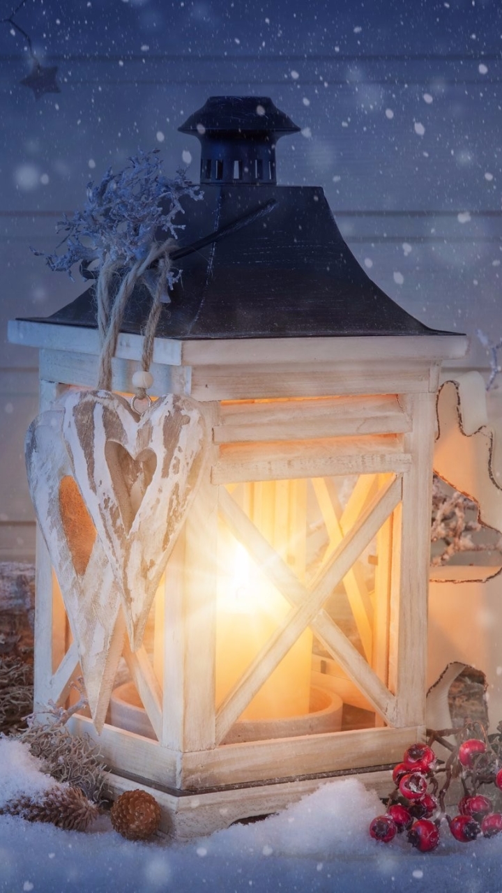 Download mobile wallpaper Snow, Light, Christmas, Holiday, Lantern, Berry, Snowfall for free.