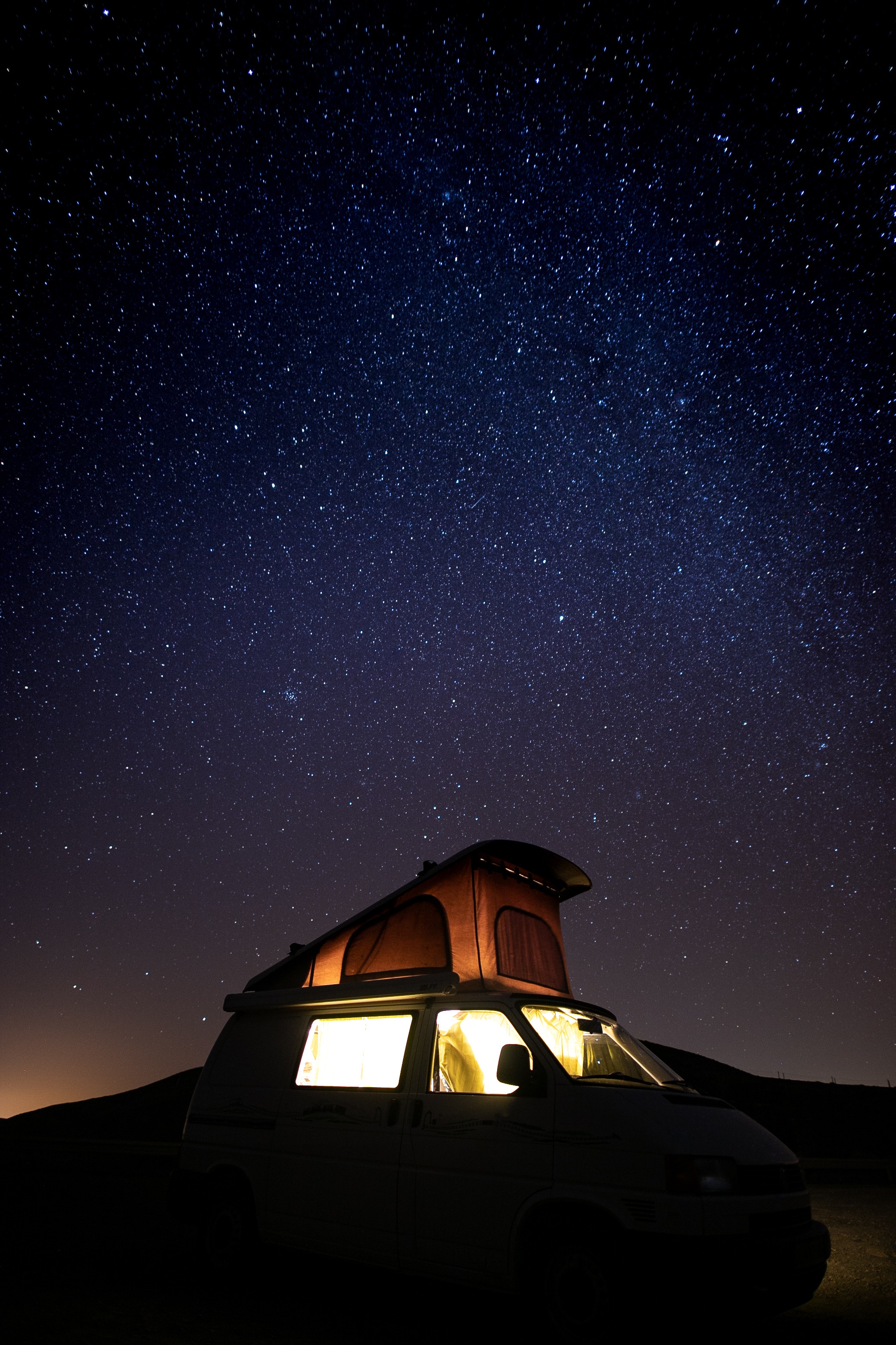campsite, dark, car, starry sky, journey, camping