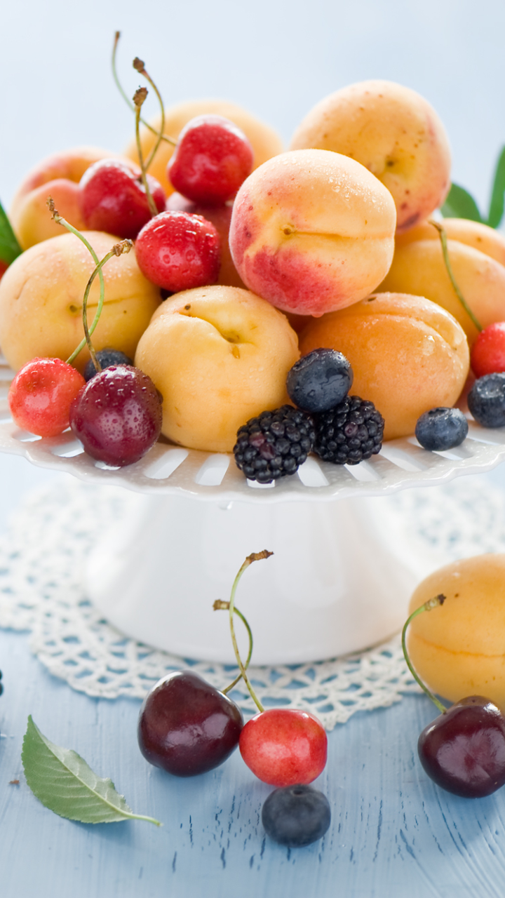 Download mobile wallpaper Fruits, Food, Cherry, Blueberry, Still Life, Blackberry, Berry, Fruit, Apricot for free.