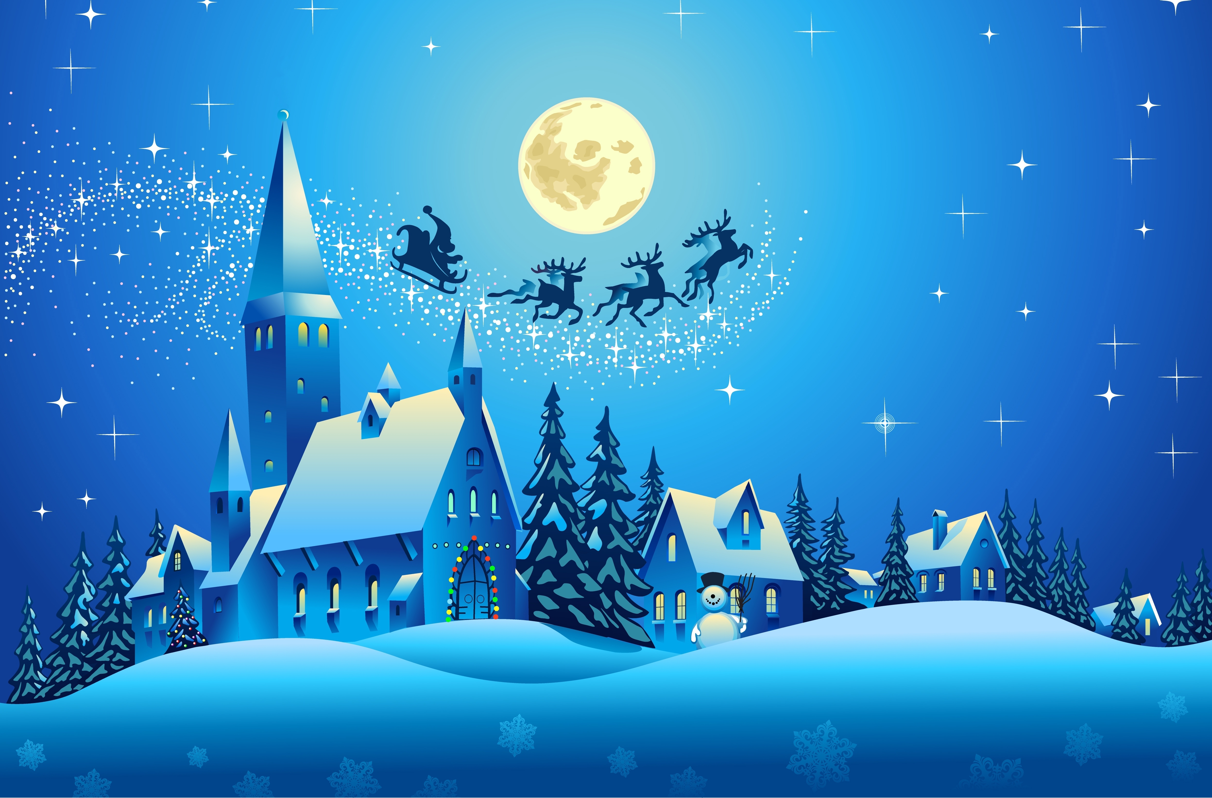 holiday, christmas, blue, church, santa, sleigh