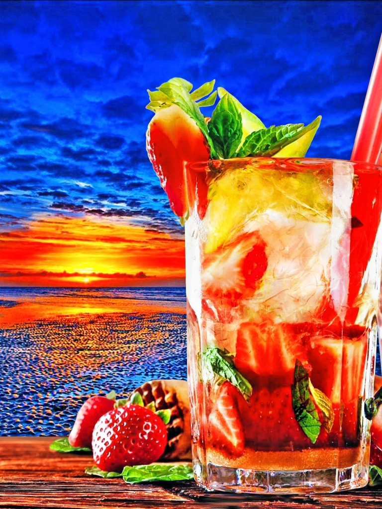 Download mobile wallpaper Sunset, Food, Horizon, Glass, Colorful, Tropical, Cocktail for free.