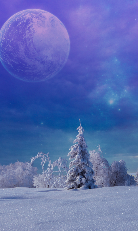 無料モバイル壁紙冬, ファンタジー, 雪, 月, 星をダウンロードします。