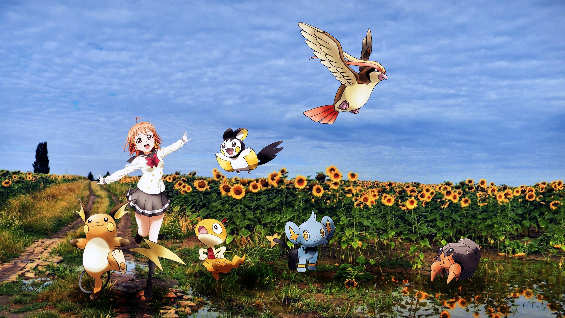 anime, crossover, bird, bow (clothing), brown hair, chika takami, cloud, field, flower, love live!, nature, pidgeot (pokémon), pokémon, raichu (pokémon), red eyes, scraggy (pokémon), shinx (pokémon), short hair, skirt, sky, smile, sunflower
