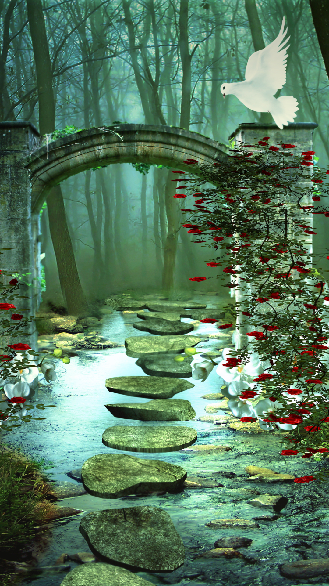 Download mobile wallpaper Forest, Stone, Arch, Artistic, Dove, Columns, Red Rose, Magical for free.