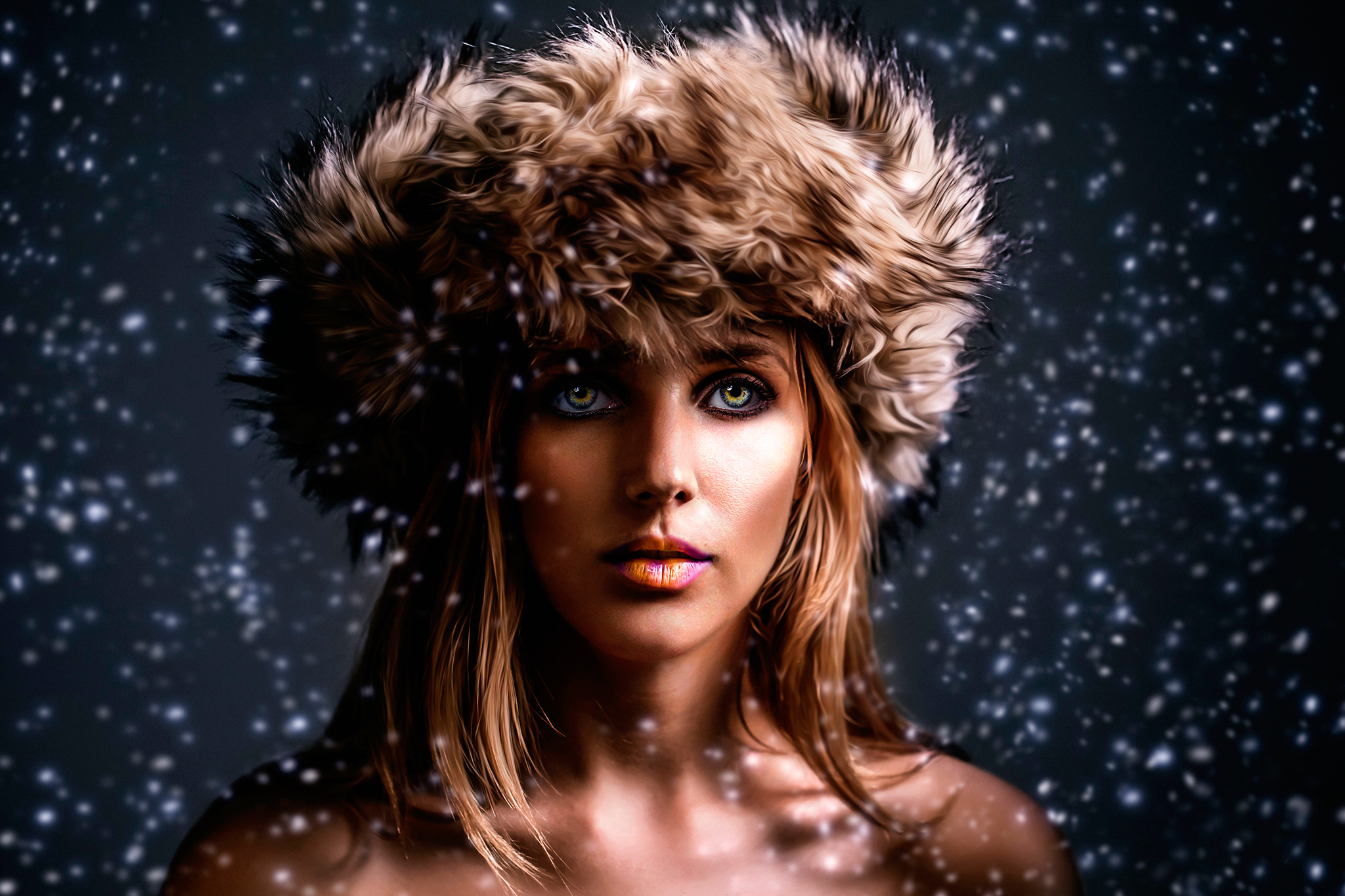 Free download wallpaper Winter, Snow, Mood, Face, Hat, Snowflake, Women on your PC desktop