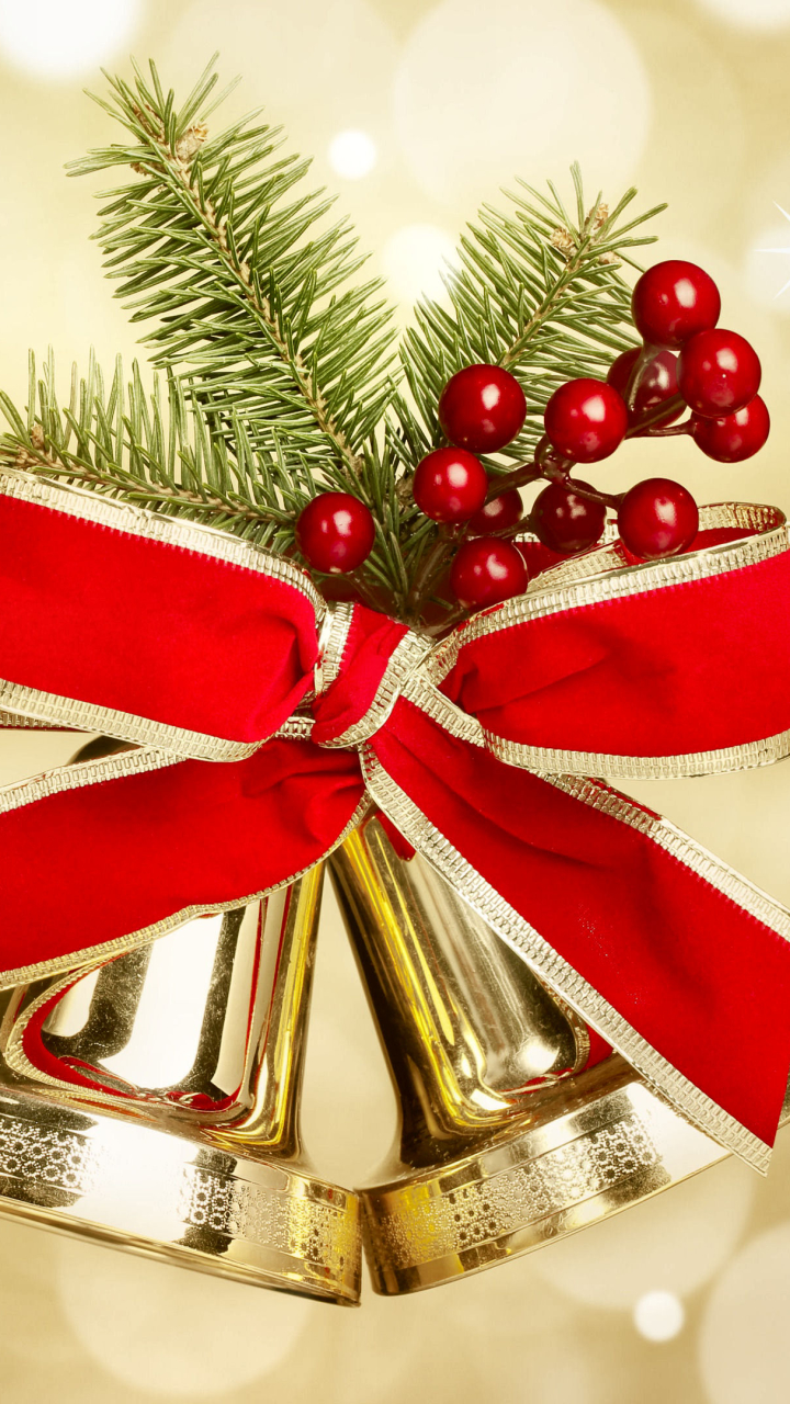 Download mobile wallpaper Christmas, Holiday, Berry, Golden, Bell, Ribbon for free.