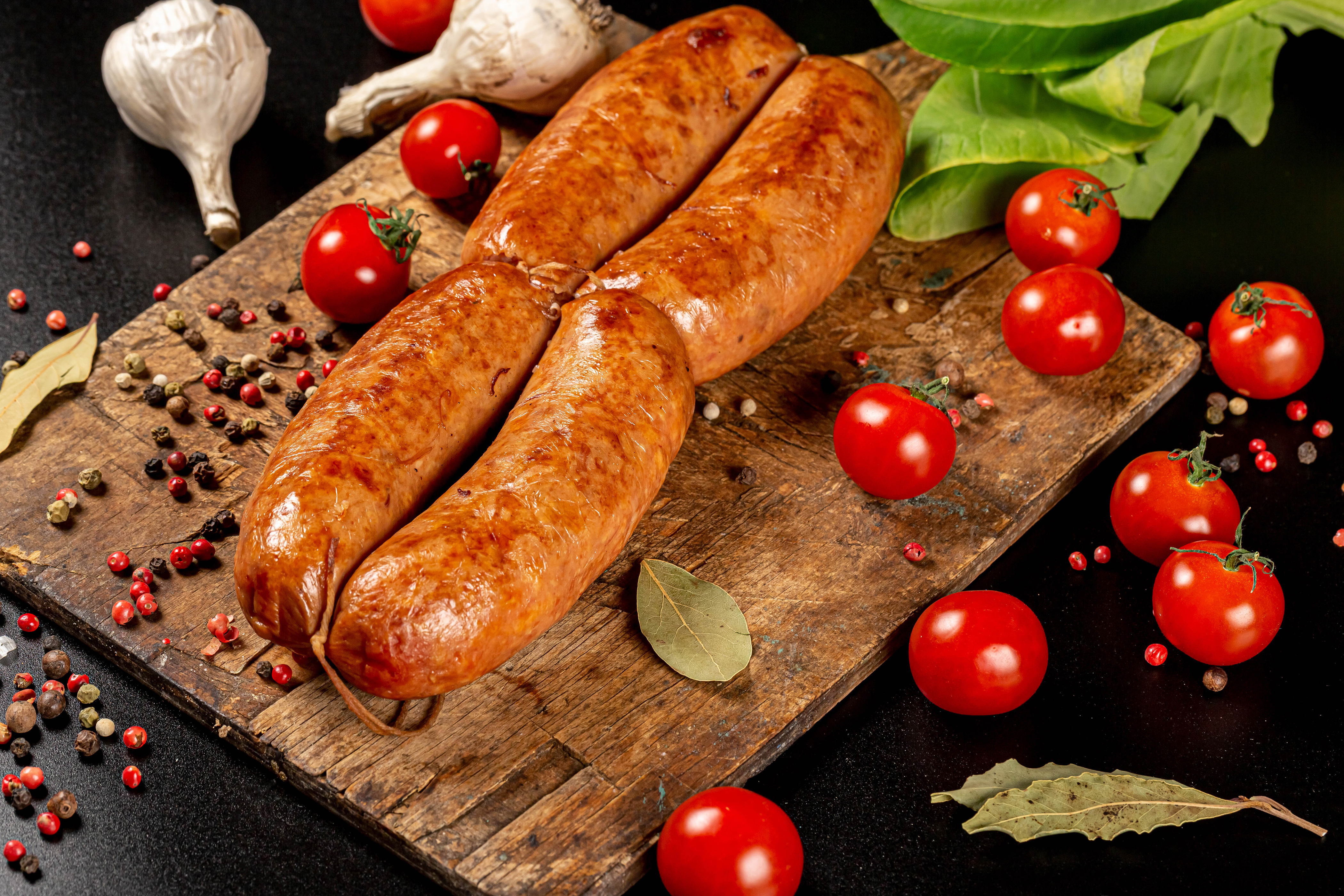 Free download wallpaper Food, Meat, Still Life, Tomato, Sausage on your PC desktop