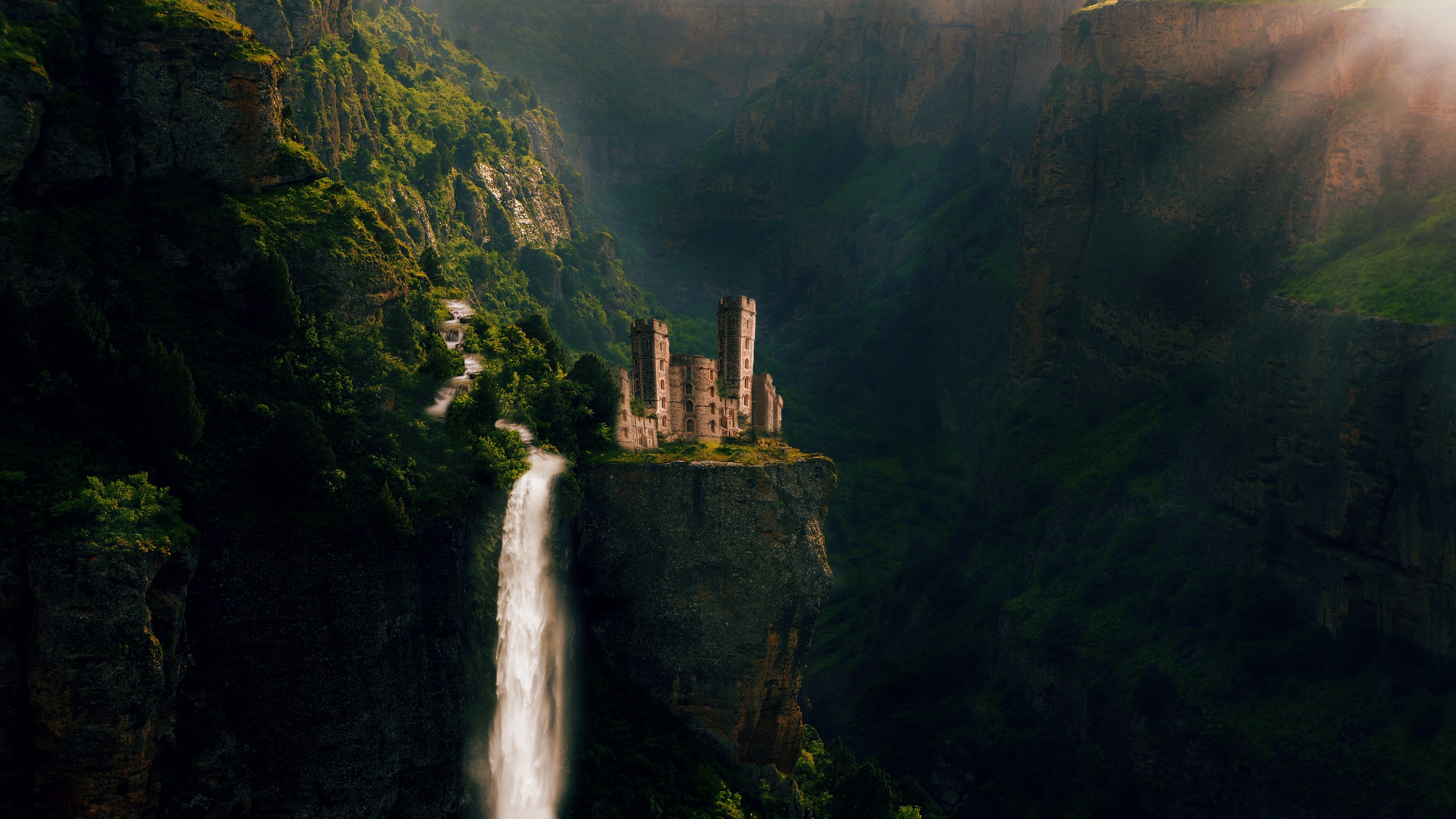98877 скачать обои замок, сказочный, фэнтези, фотошоп, водопад, скалы - заставки и картинки бесплатно