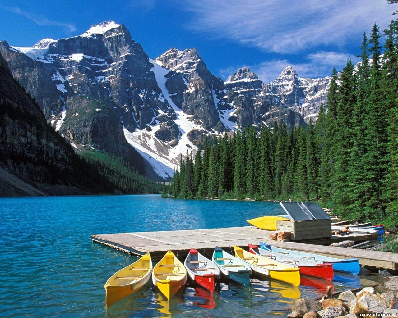 無料モバイル壁紙水, 木, 山脈, 湖, ボート, 風景をダウンロードします。