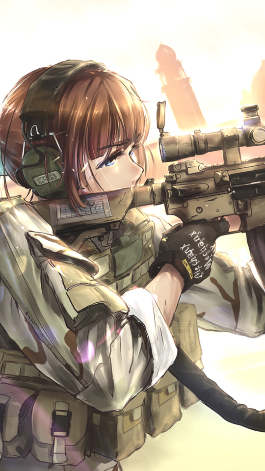 Download mobile wallpaper Anime, Headphones, Weapon, Military, Soldier, Brown Hair for free.
