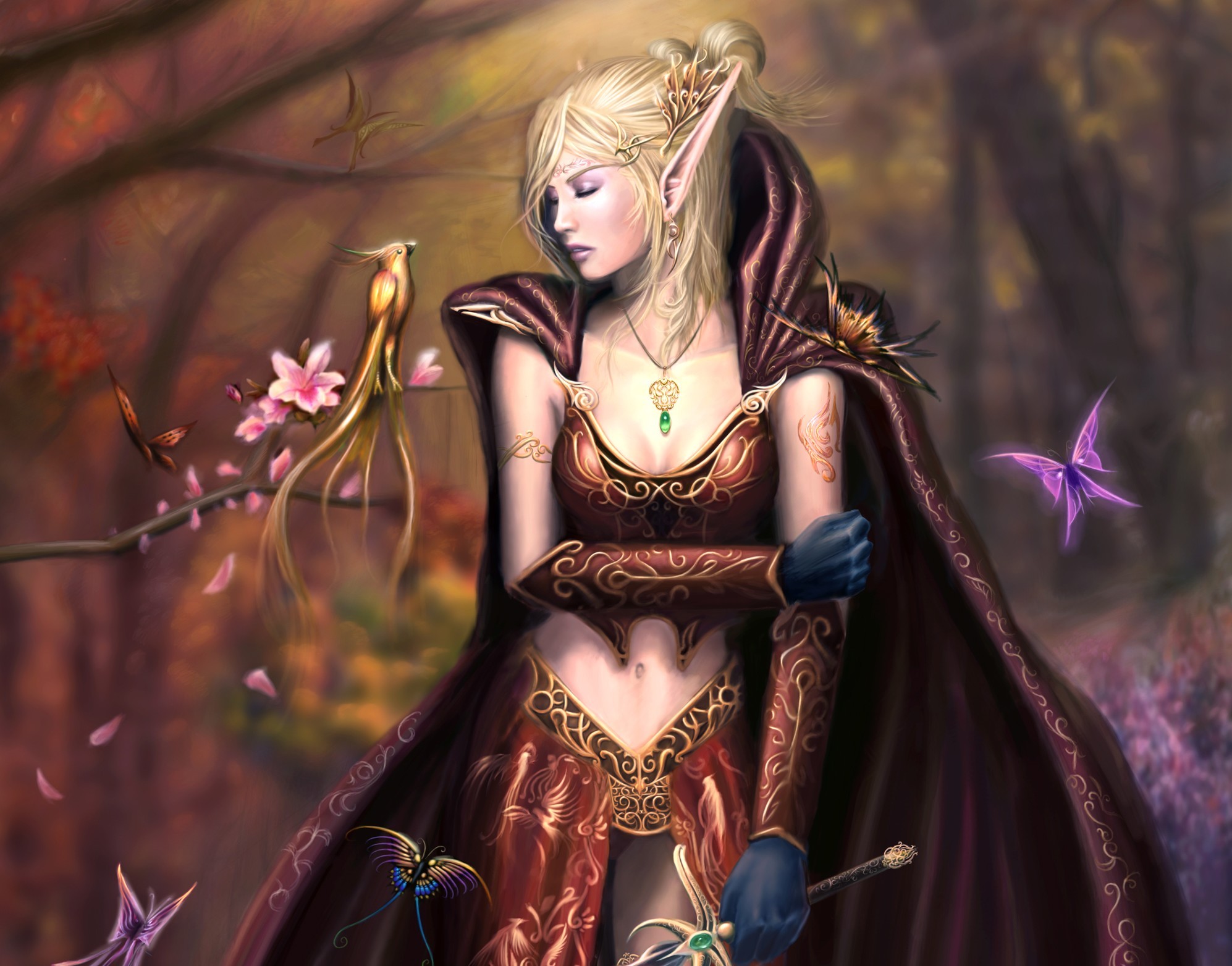 Free download wallpaper Fantasy, Forest, Tree, Butterfly, Blonde, Elf, Pointed Ears on your PC desktop