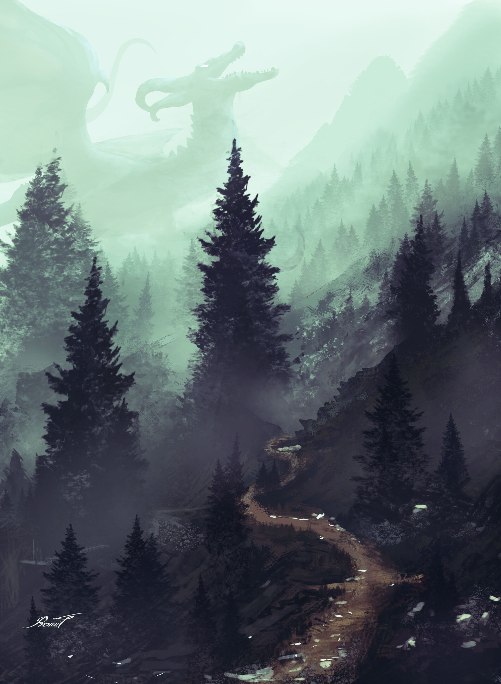 Free download wallpaper Path, Trees, Forest, Dragon, Art on your PC desktop