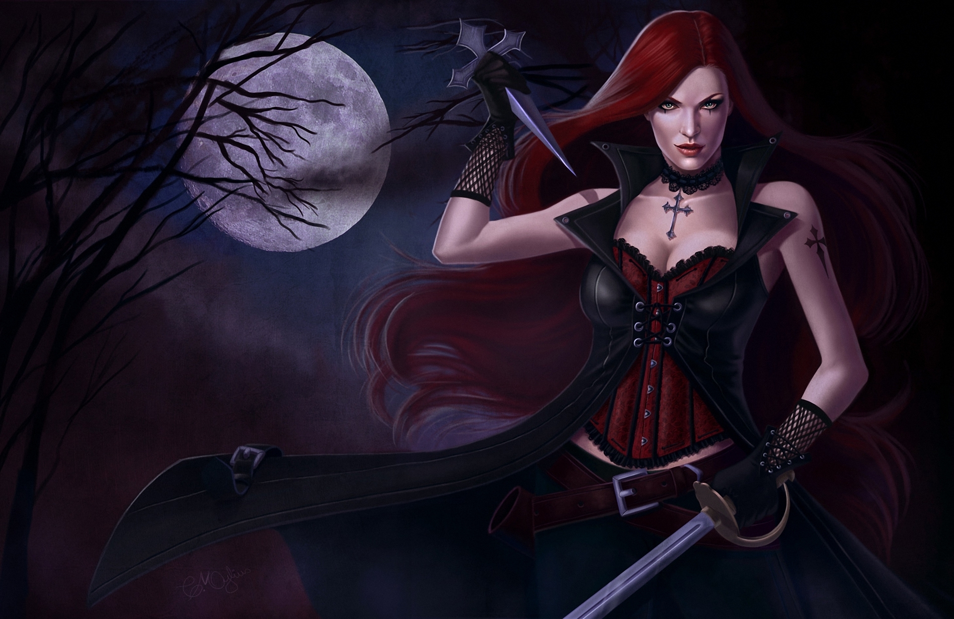 fantasy, women warrior, belt, cross, dagger, dark, gothic, moon, red hair, redhead, sword, tree