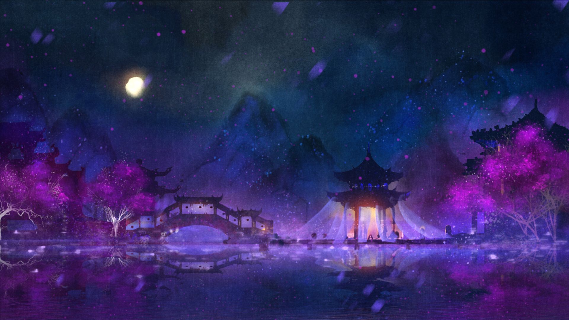 Download mobile wallpaper Fantasy, Night, Mountain, River, Oriental for free.