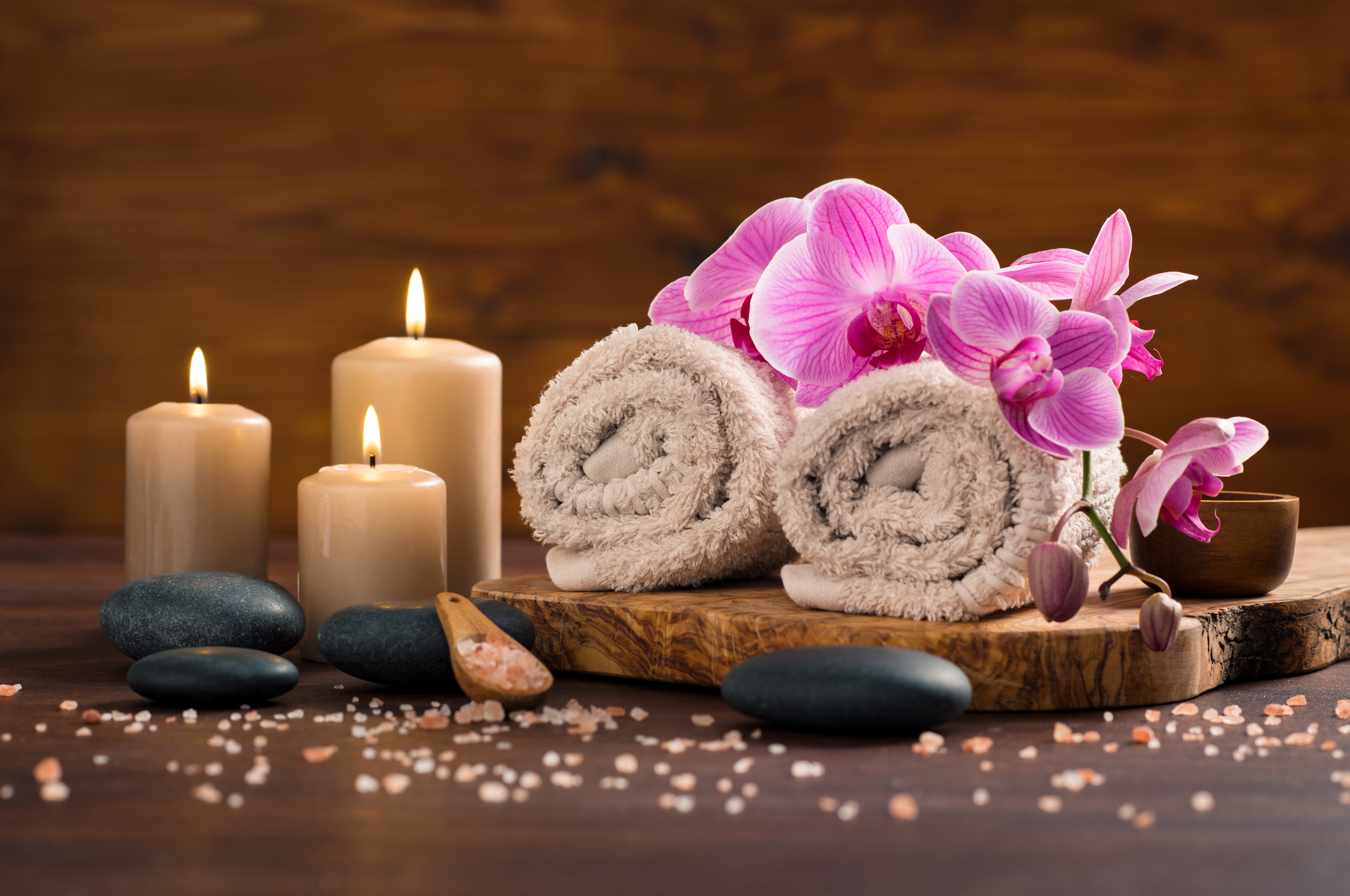 Download mobile wallpaper Flower, Candle, Towel, Orchid, Spa, Man Made, Pink Flower for free.