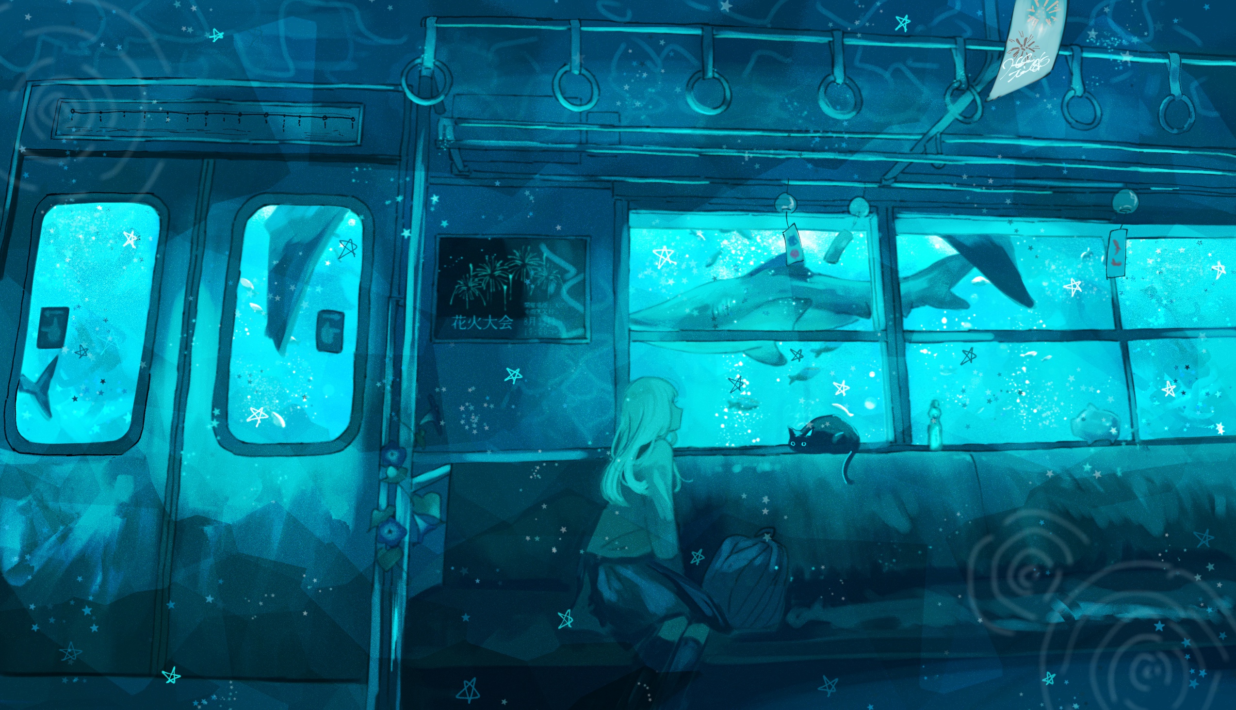 Download mobile wallpaper Anime, Cat, Girl, Train, Underwater, Shark for free.