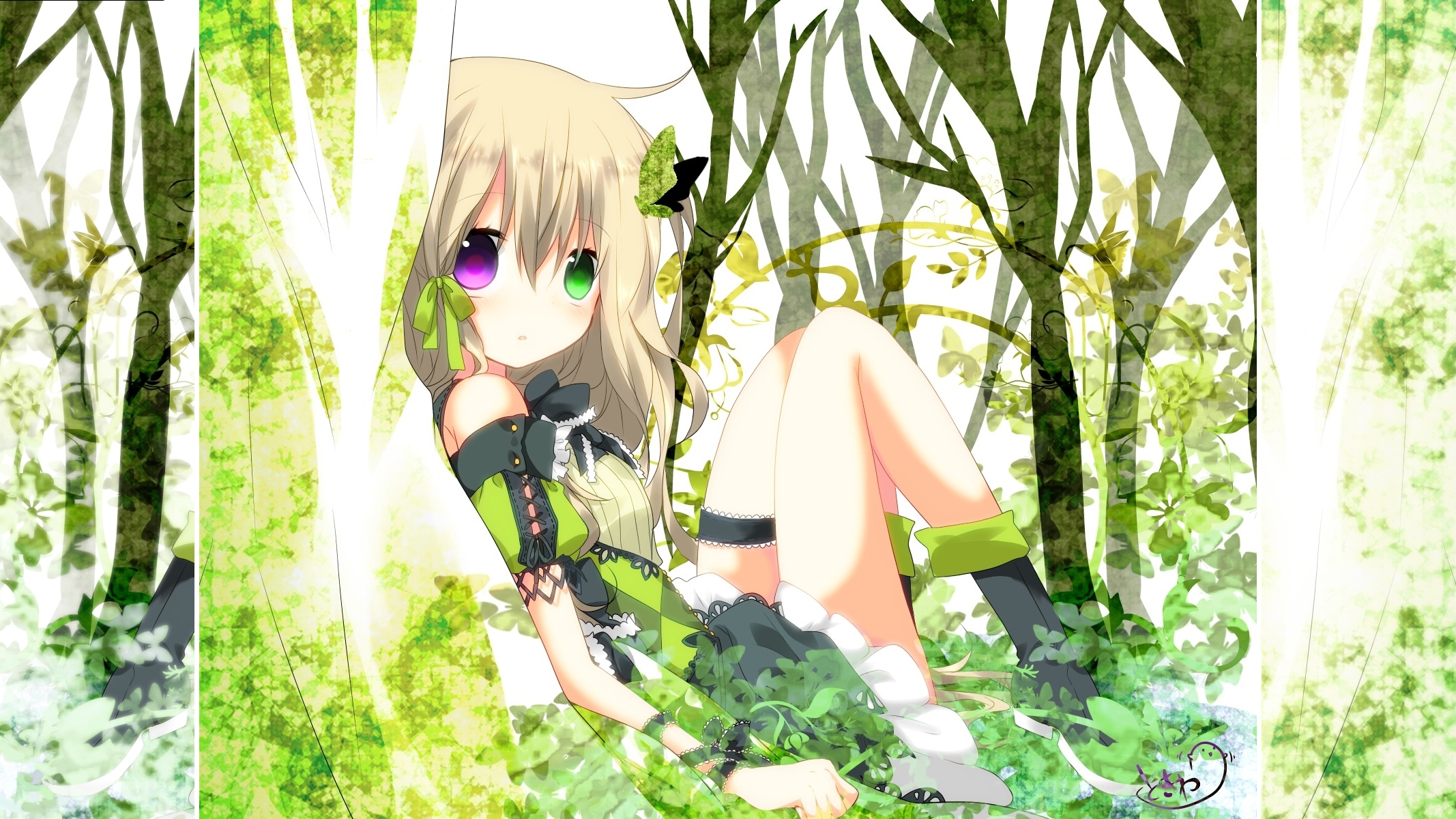Download mobile wallpaper Original, Butterfly, Purple Eyes, Dress, Forest, Blonde, Green Eyes, Anime for free.