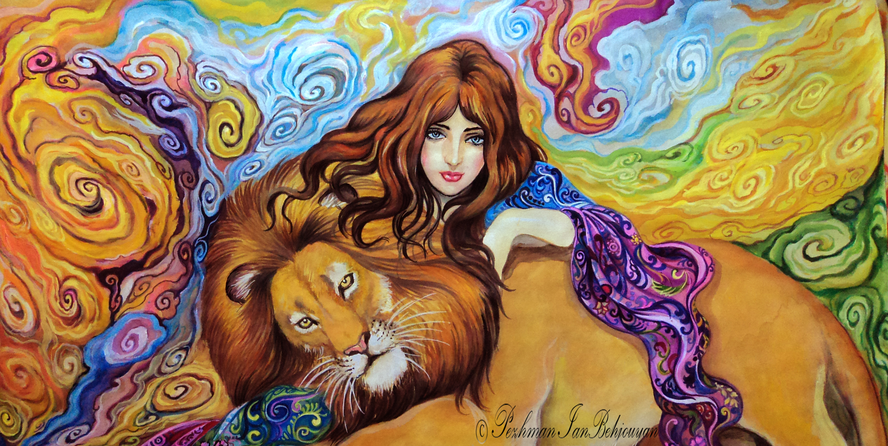 Download mobile wallpaper Fantasy, Lion, Colors, Colorful, Painting, Brunette, Women for free.