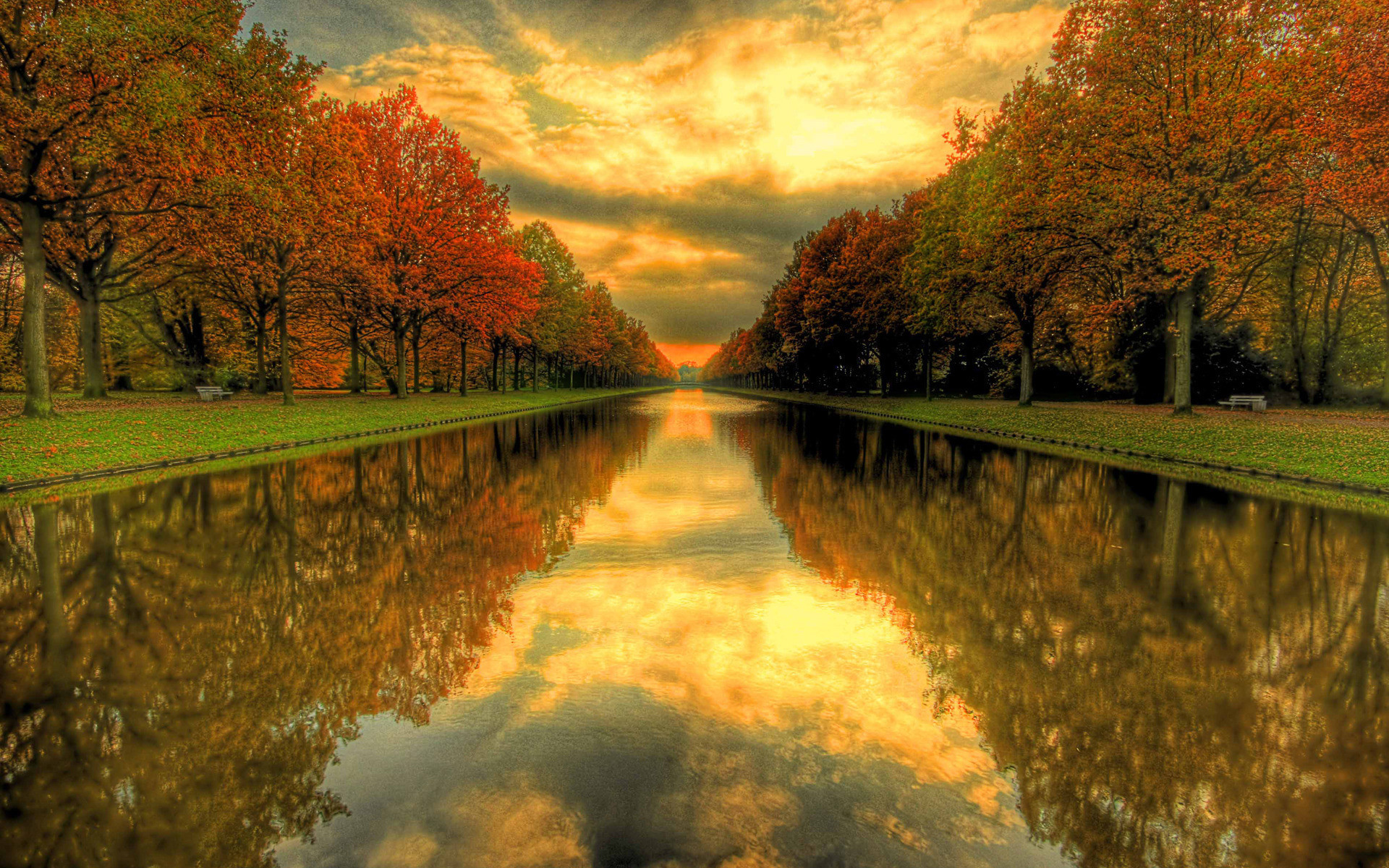 Free download wallpaper Landscape, Rivers, Trees, Sunset, Autumn on your PC desktop