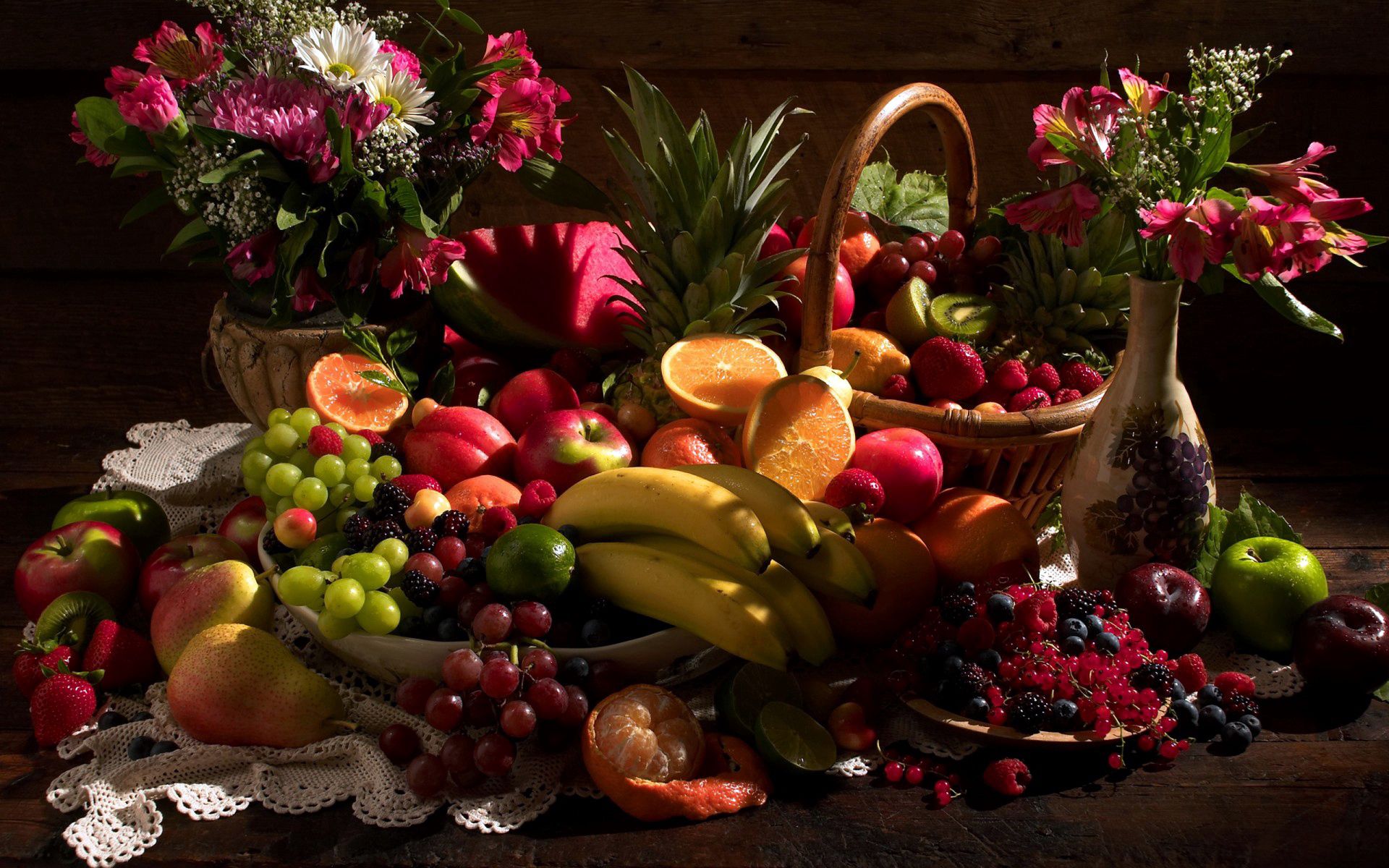 Download mobile wallpaper Table, Flowers, Food, Still Life, Fruits for free.