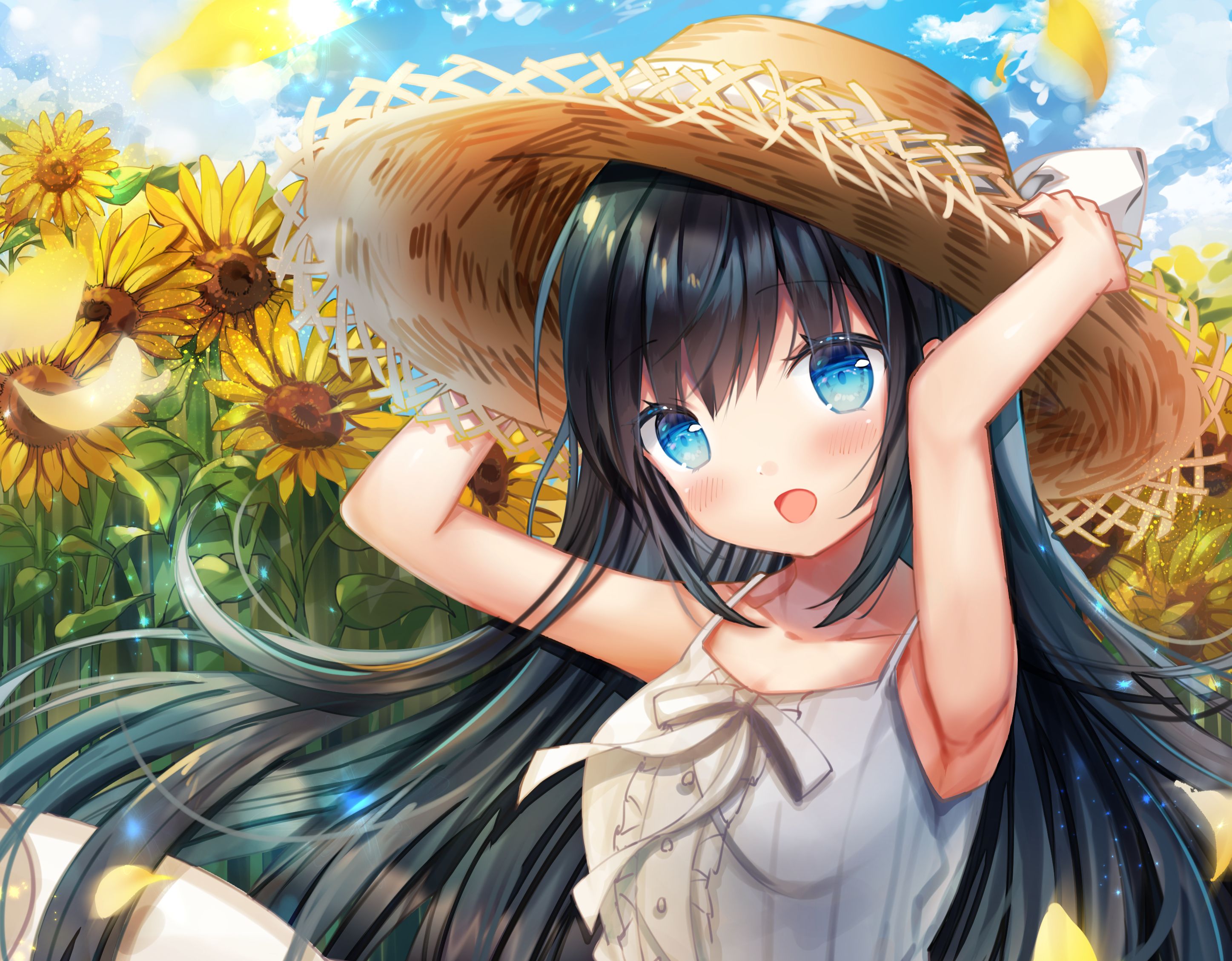 Laden Sie das Sonnenblume, Hut, Blaue Augen, Original, Animes, Schwarzes Haar-Bild kostenlos auf Ihren PC-Desktop herunter