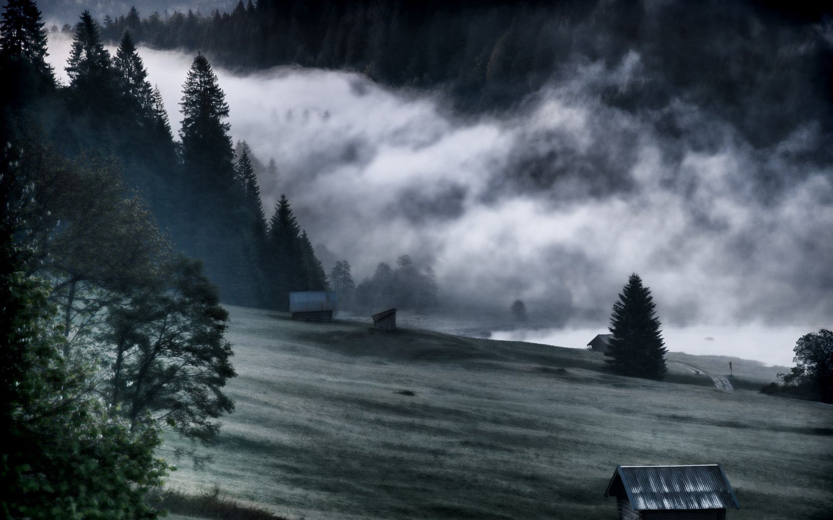 black and white, nature, mountains, fog, gloomy