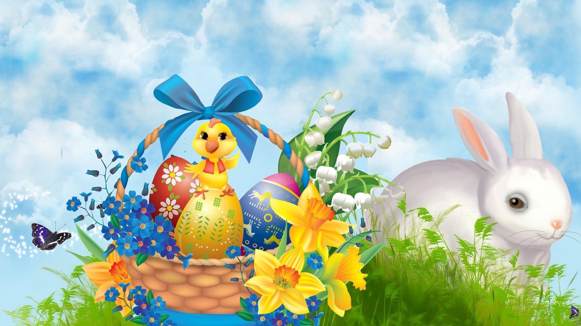 Laden Sie das Feiertage, Ostern, Küken, Korb, Hase, Gras, Osterei-Bild kostenlos auf Ihren PC-Desktop herunter