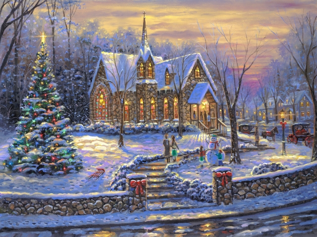 Download mobile wallpaper Winter, Snow, Christmas, Christmas Tree, Painting, Artistic, Church for free.